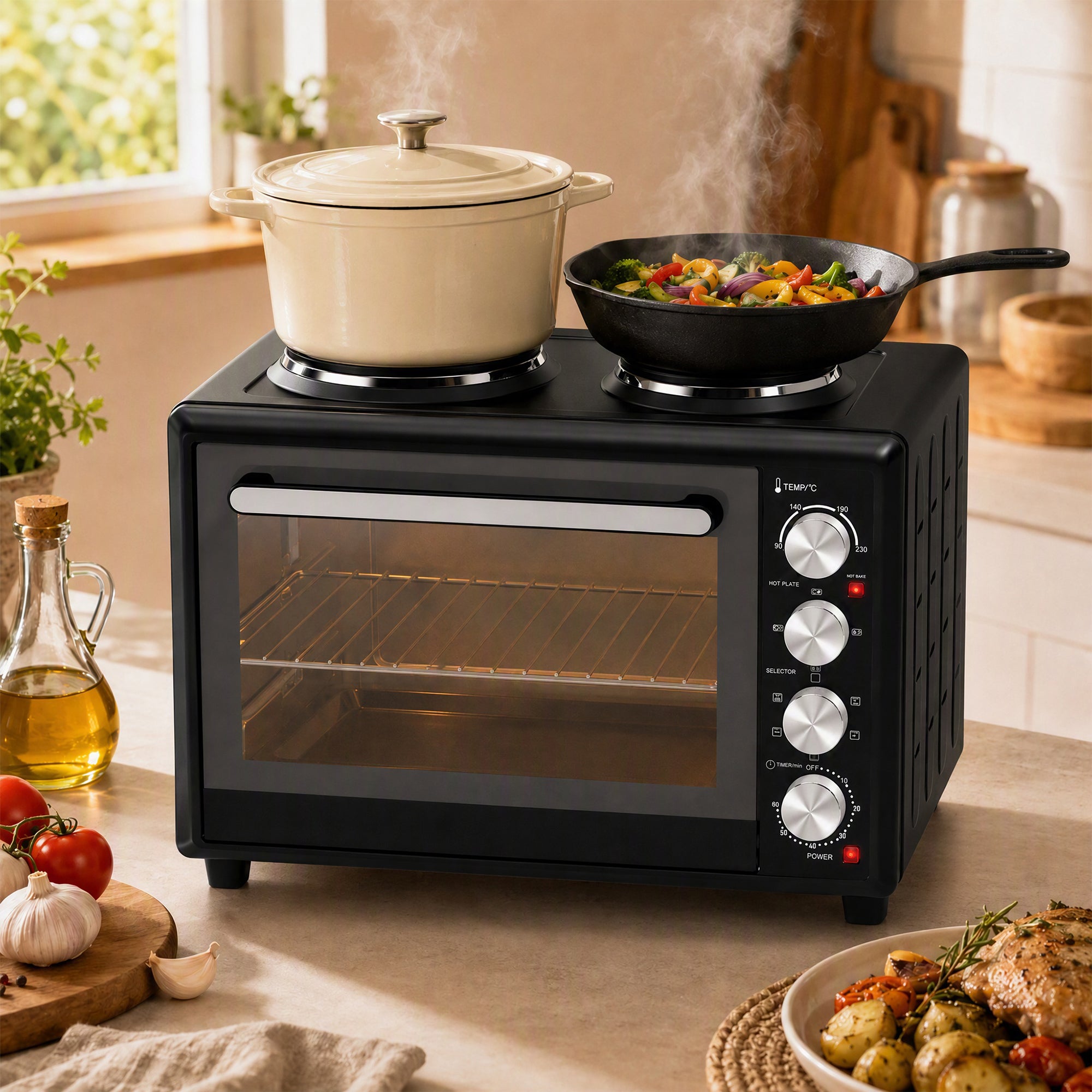 HOMCOM 36L Mini Oven with Dual Hot Plates, Electric Countertop Cooker with Convection, 90–230°C Adjustable Temperature