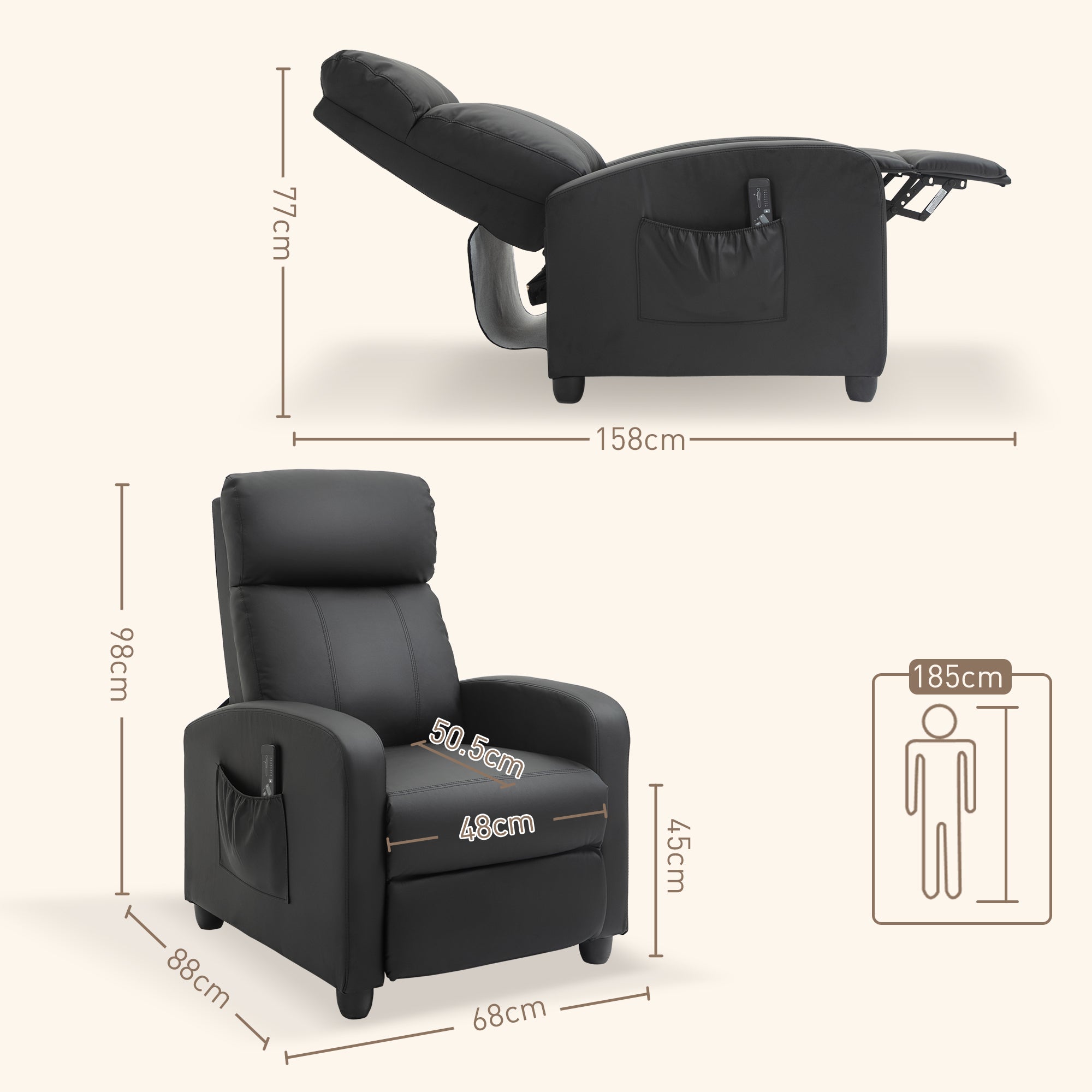 HOMCOM Recliner Armchair, Massage Faux Leather Push Back Reclining Chair with Adjustable Leg Rest, Side Pocket, for Home Living Room Theatre, Black - North Peak Garden Furniture
