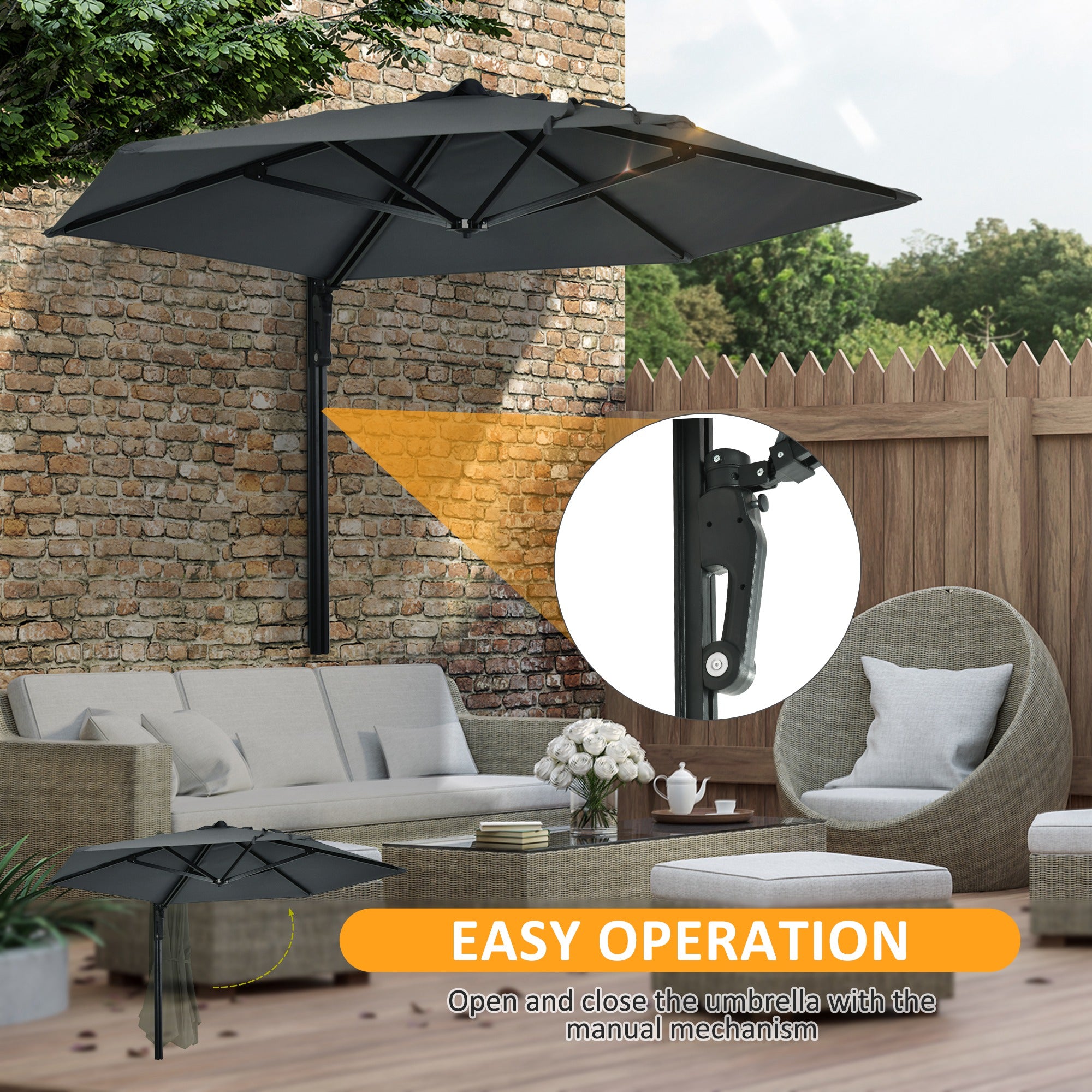 Outsunny 2.5m Wall Mounted Parasol, Hand to Push Outdoor Patio Umbrella with 180 Degree Rotatable Canopy for Porch, Deck, Garden, 250 cm, Dark Grey