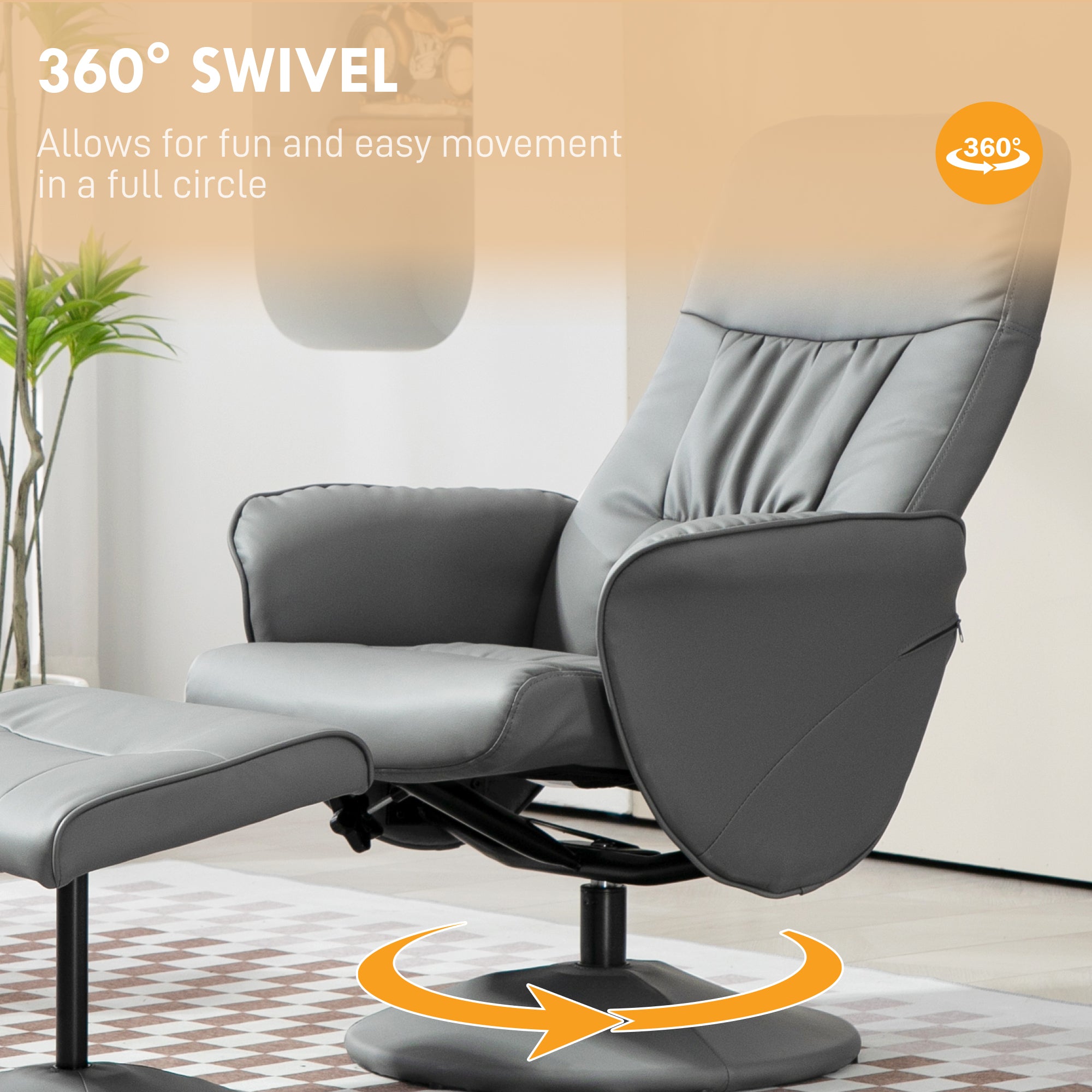 HOMCOM Swivel Recliner Chair with Footstool, PU Leather Armchair and Ottoman with High Back and Round Base for Living Room, Light Grey - North Peak Garden Furniture