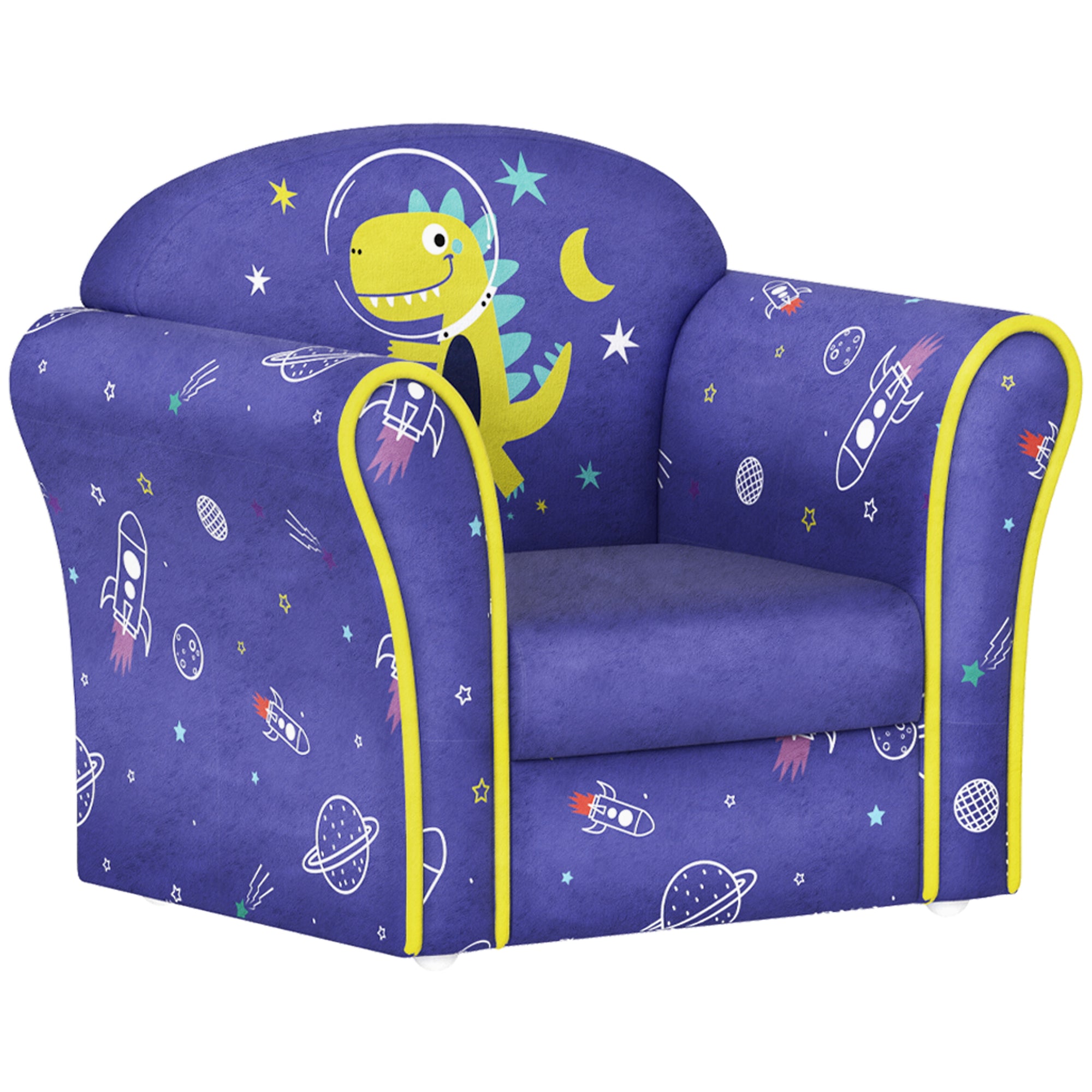 AIYAPLAY Kids Armchair with Planet Dinosaurs Design, Wooden Frame, for Bedroom, Playroom, Kids Room, Blue - North Peak Garden Furniture