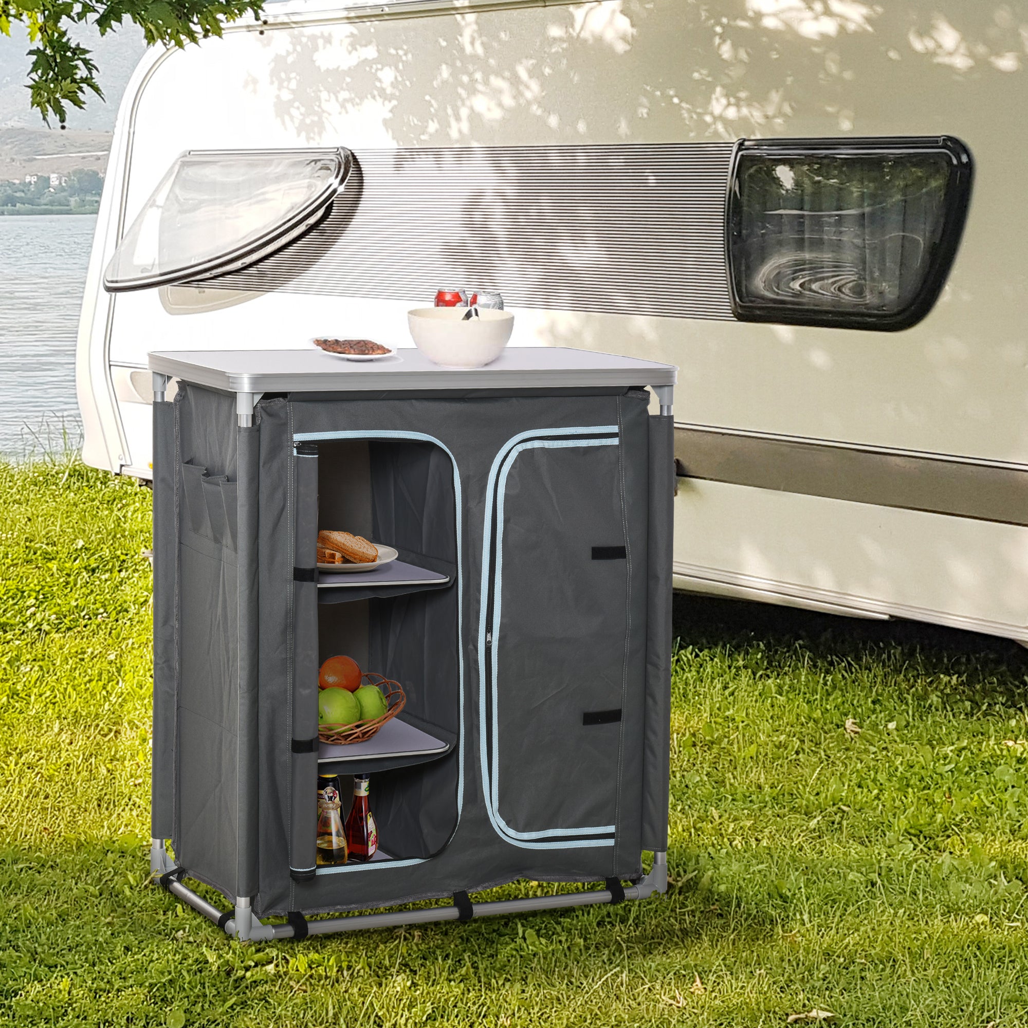 Outsunny Aluminium Camping Kitchen Station, 3-Shelf Cupboard & Cook Table, BBQ Party Picnic Storage Organiser with Carrying Bag