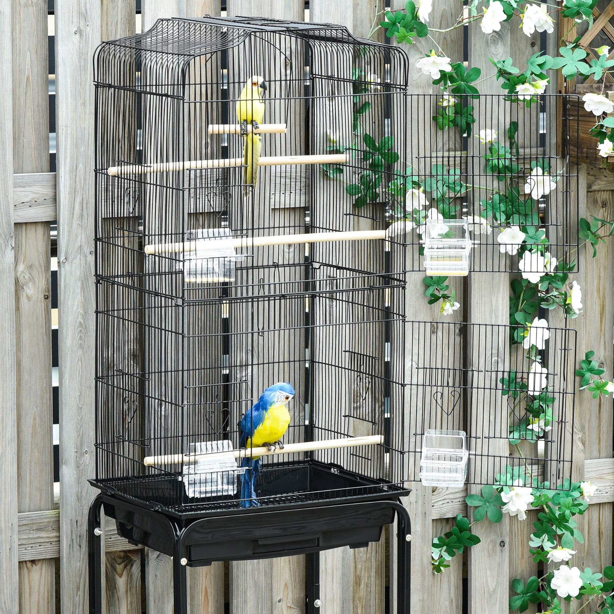 PawHut Bird Cage Budgie Cages for Finch Canary Parakeet with Stand Wheels Slide-out Tray Accessories Storage Shelf, Black 46.5 x 36 x 157 cm - North Peak Garden Furniture