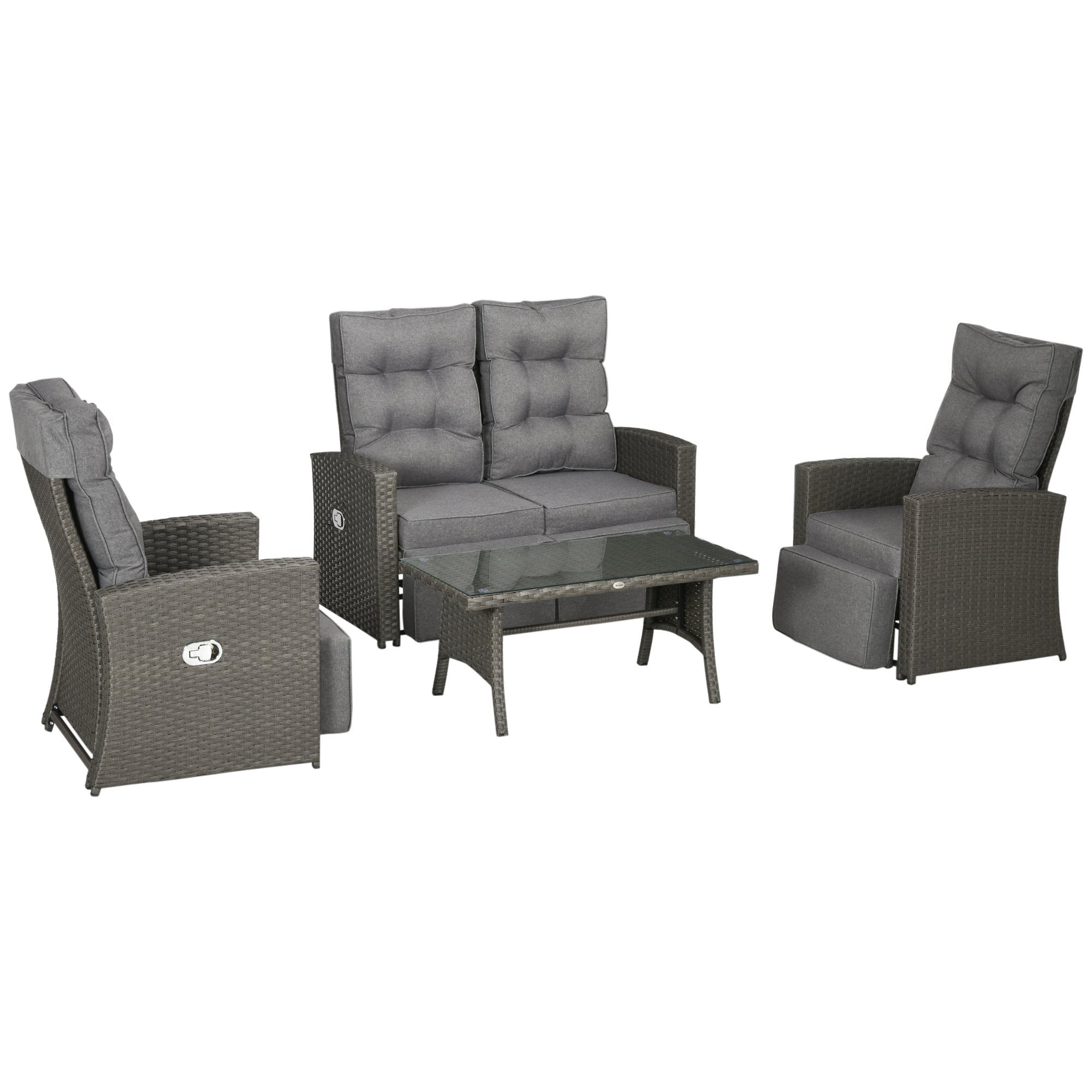 Outsunny 4 Piece Rattan Garden Furniture Sets, 4 Seater Outdoor Sofa Sectional with Wicker Sofa, Reclining Armchair and Glass Table for Yard, Poolside, Grey - North Peak Garden Furniture