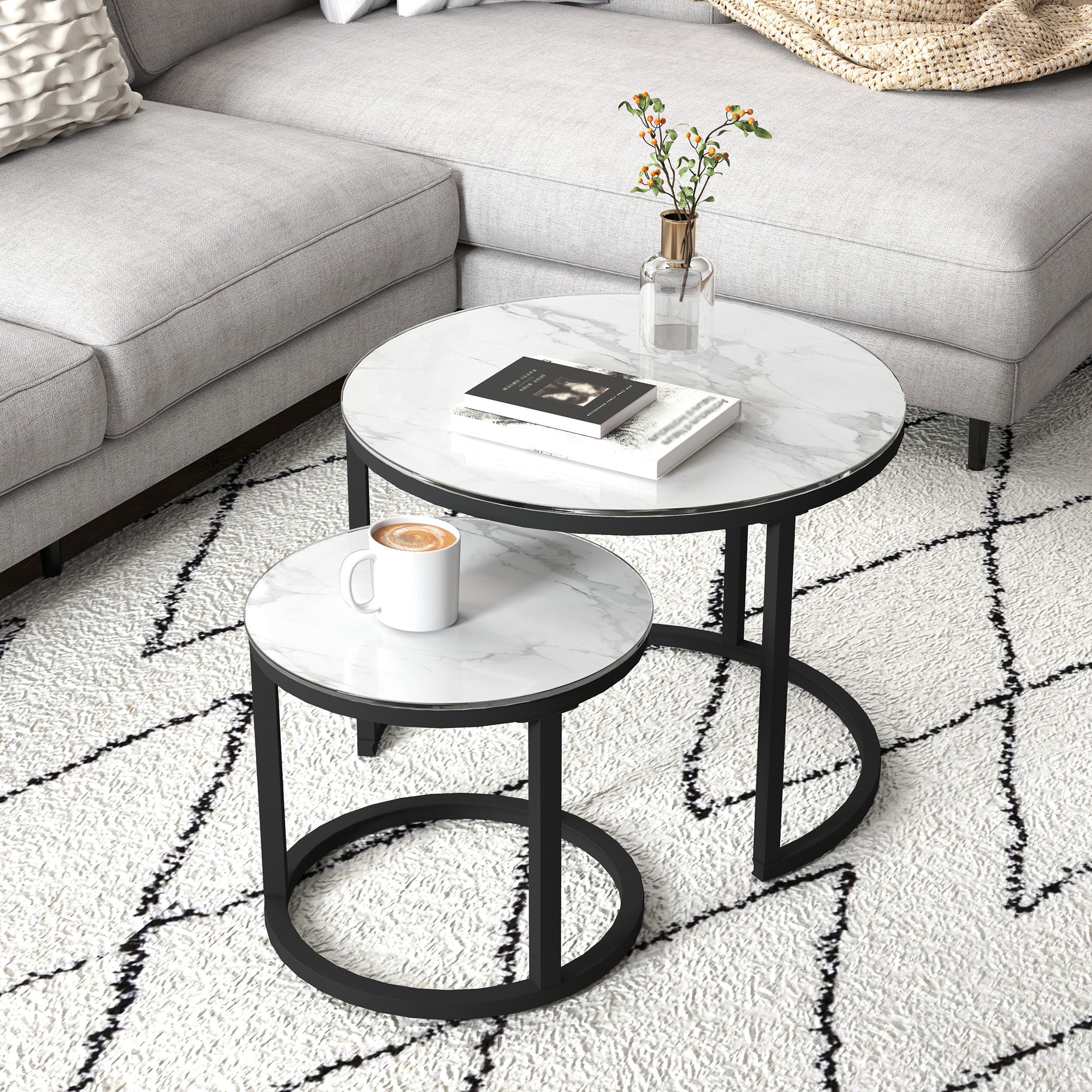 HOMCOM Glass Coffee Table Set of 2, Round Nest of Tables with Marble-Effect Tempered Glass Tabletop and Steel Frame, Modern Side Tables for Living Room, White - North Peak Garden Furniture