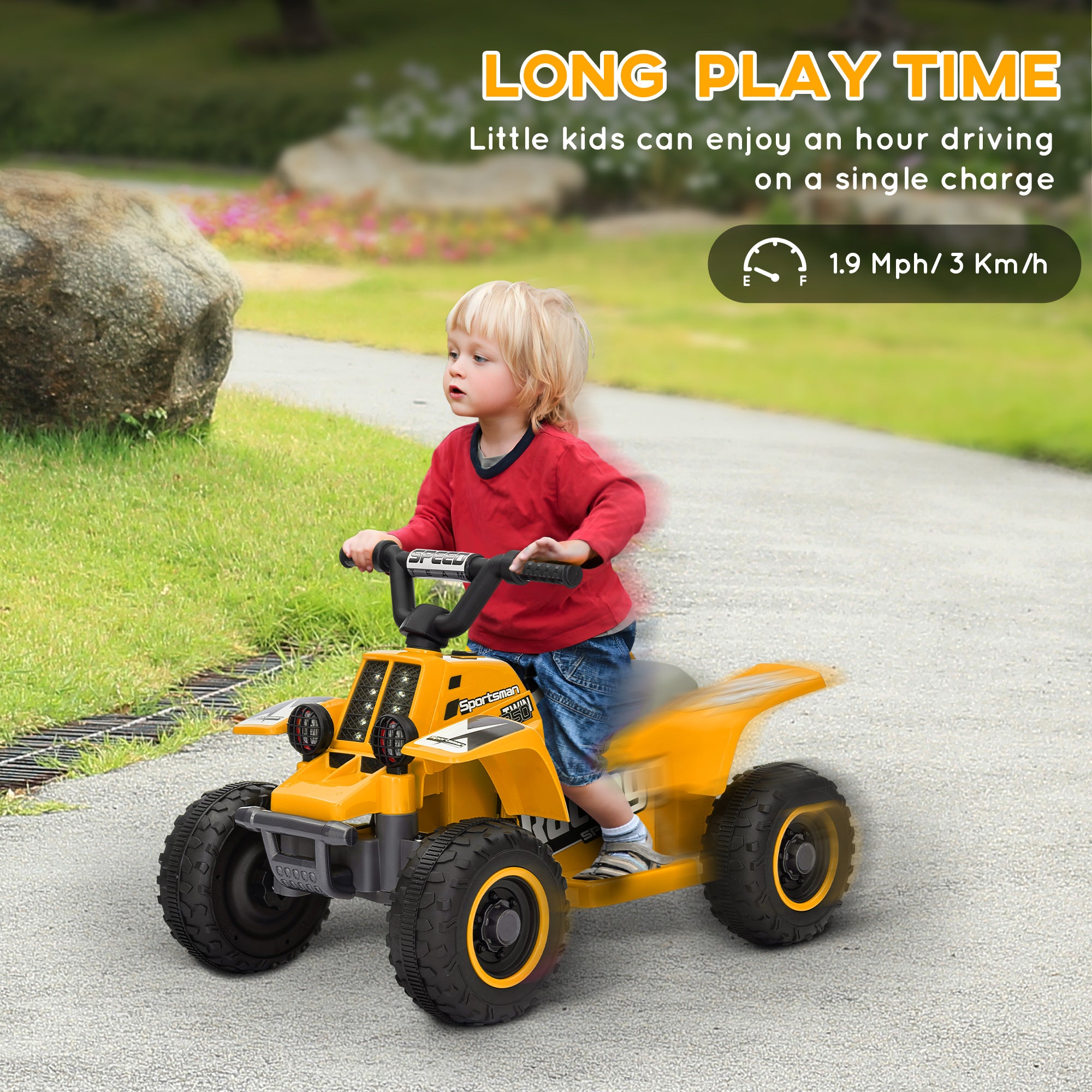 AIYAPLAY 6V Electric Quad Bike for Kids, Ride On ATV w/ Forward Backward, Headlights, for 18-36 Months - Yellow - North Peak Garden Furniture