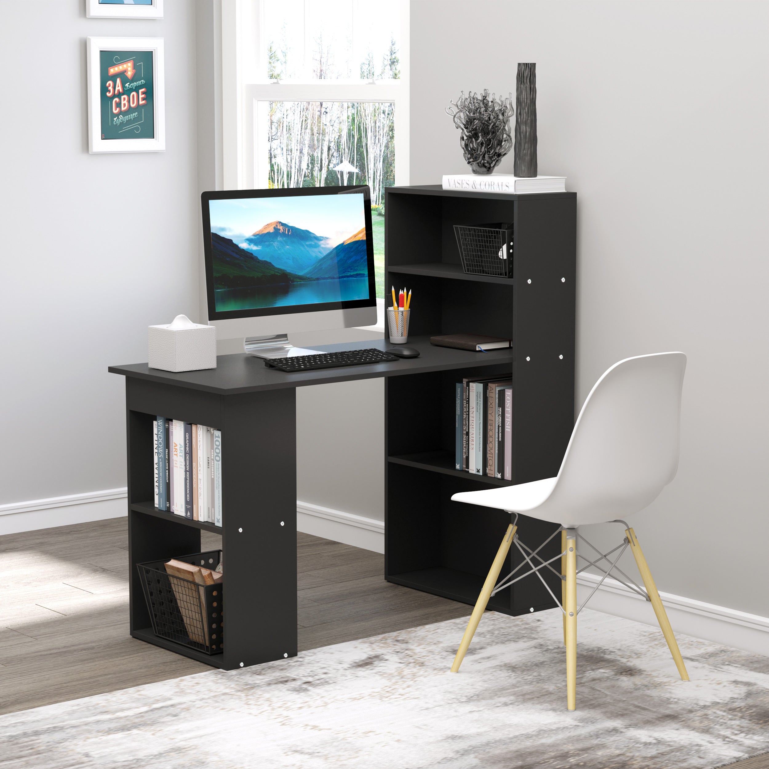 HOMCOM 120cm Modern Computer Desk Bookshelf Study Table Workstation PC Laptop Writing Home Office 6 Shelves Black