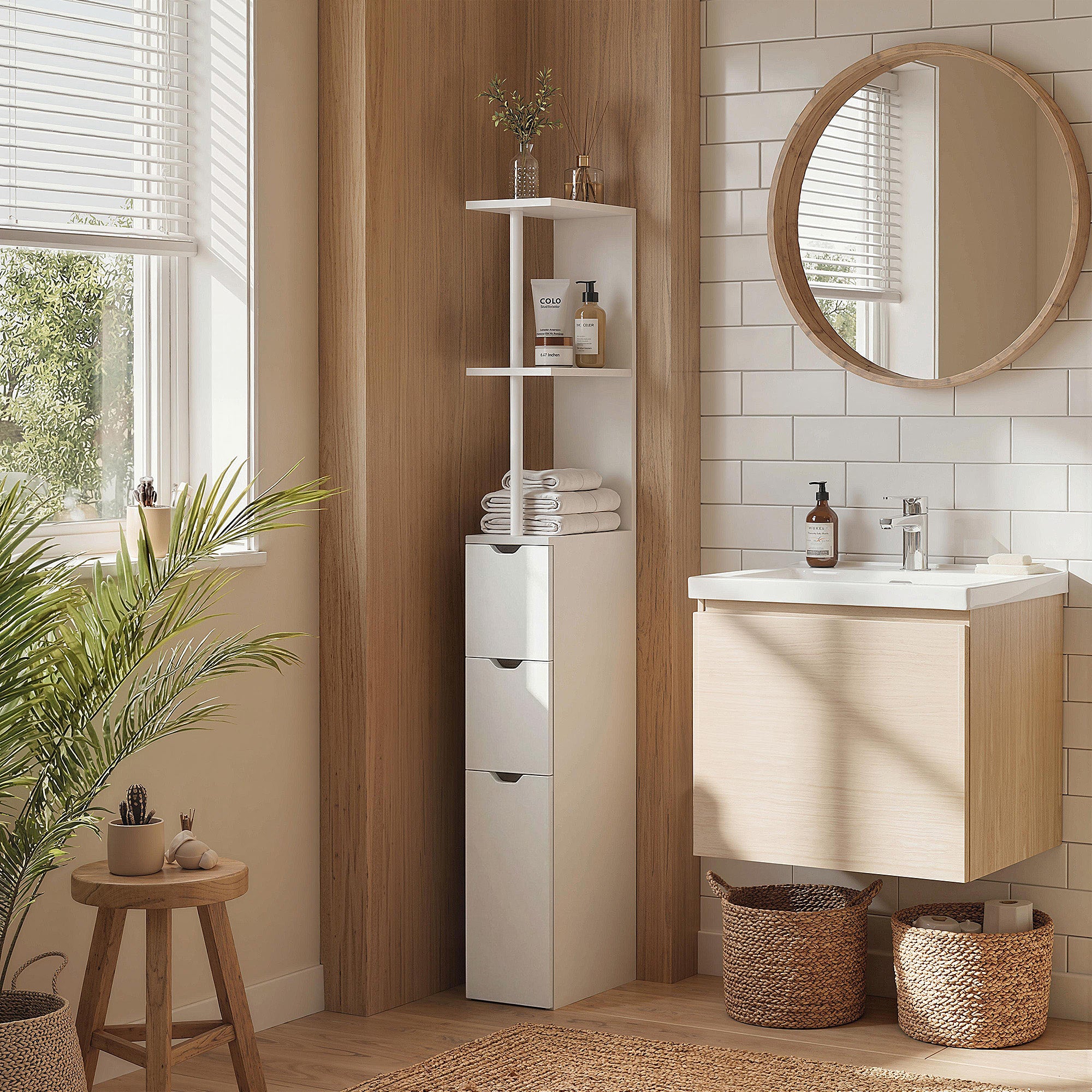 kleankin Slim Bathroom Storage Cabinet with Drawers, Tall Bathroom Cupboard with 2-Tier Shelf, White