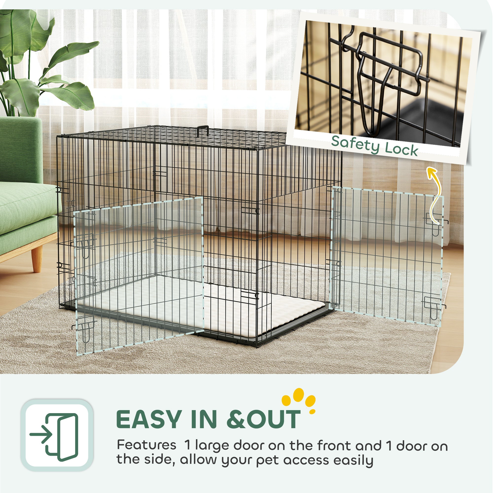 PawHut Dog Crate with 2 Doors with Tray, Soft Cushion, Foldable Metal Dog Cage for Large Medium Dogs, 91 x 62 x 68, Black - North Peak Garden Furniture