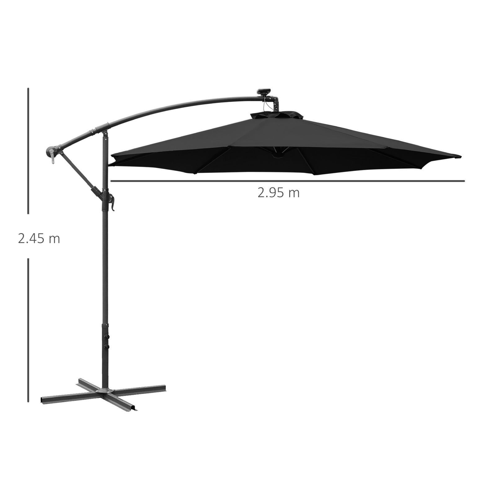 Outsunny 3m LED Patio Banana Umbrella Cantilever Parasol w/ Crank Cross Base Hanging Offset Umbrella Frame Steel  Aluminium Garden Table Outdoor Black