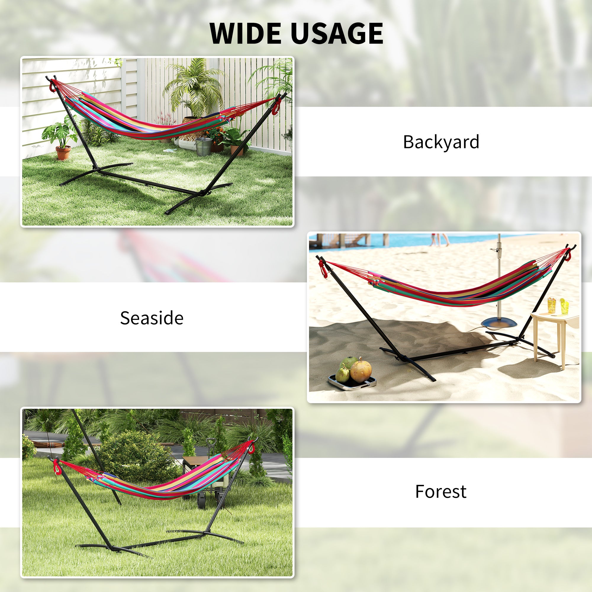 Outsunny 298 x 117cm Hammock with Stand Camping Hammock with Portable Carrying Bag, Adjustable Height, 120kg Load Capacity, Multicolour