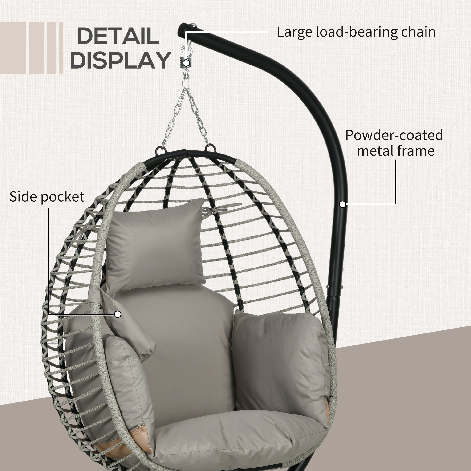 Outsunny Single Rattan Hanging Egg Chair, with Seat Cushion - Grey - North Peak Garden Furniture