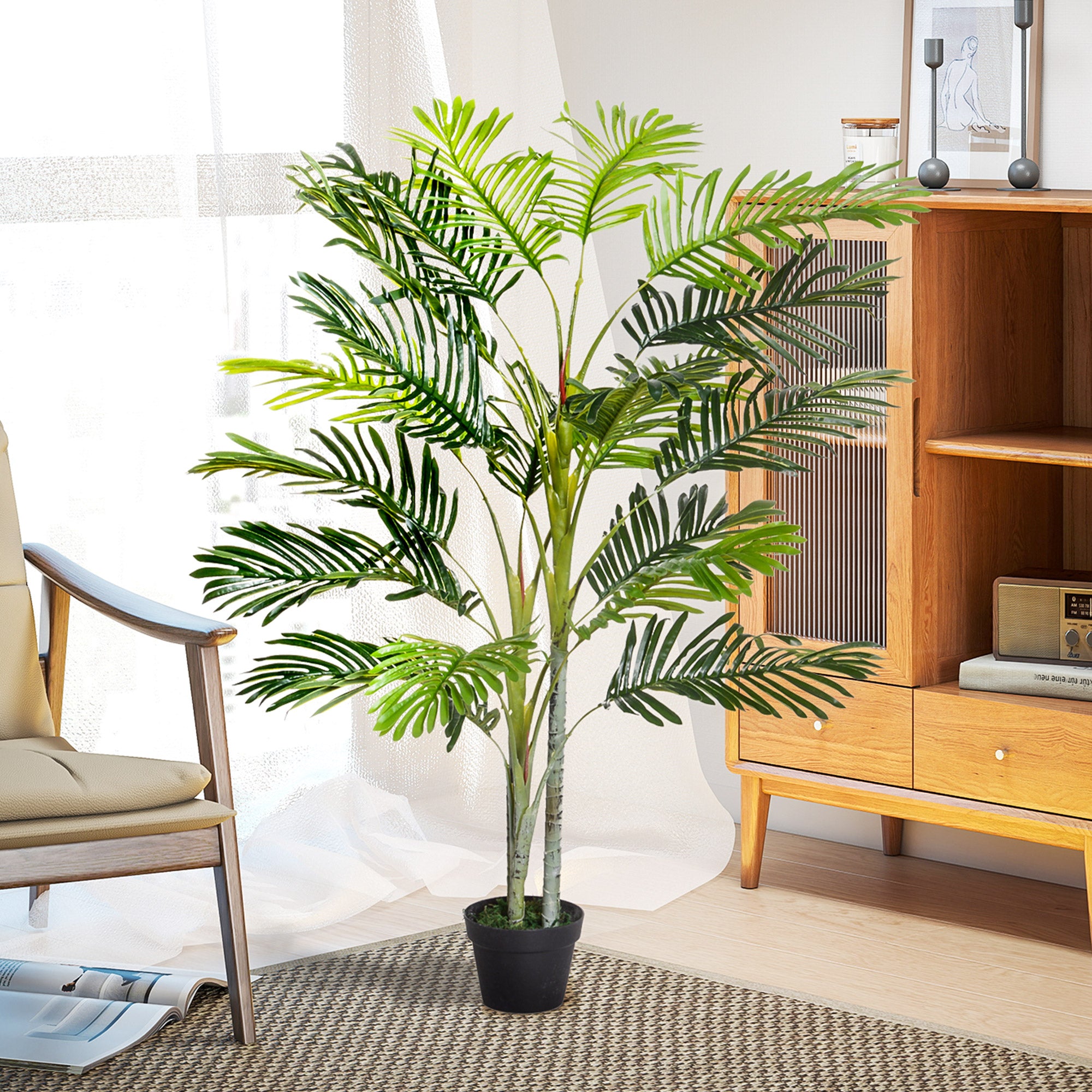 Outsunny Artificial Tree, 150cm Tropical Palm Tree, Fake Plants in Pots, Faux Green Plant for Indoor Outdoor Home Office Living Room Decoration - North Peak Garden Furniture