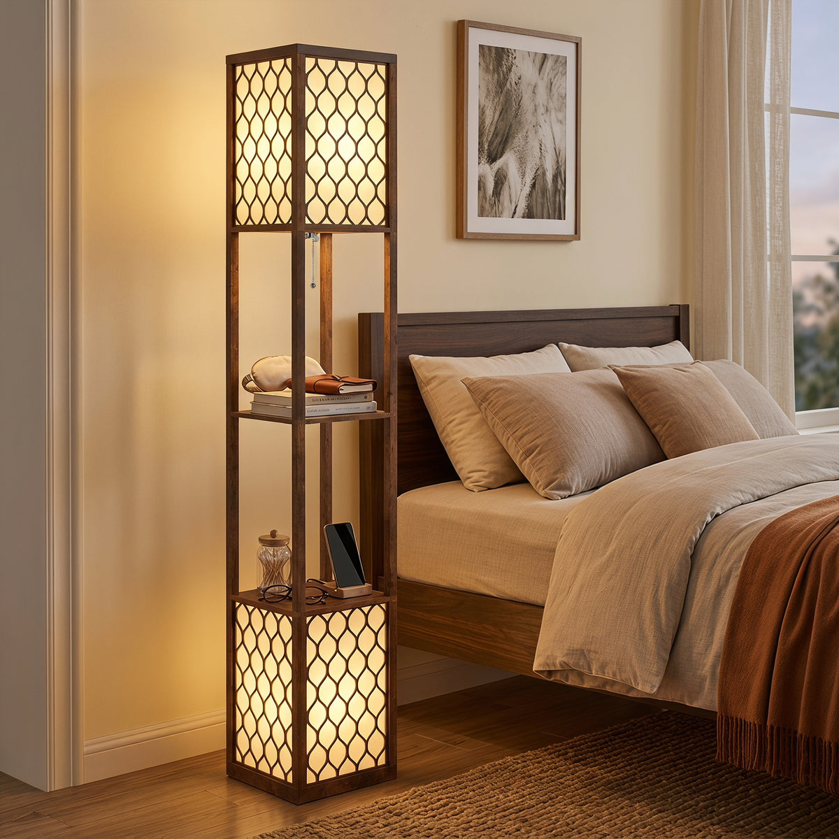 HOMCOM Duo Light Floor Shelves - Rustic Brown