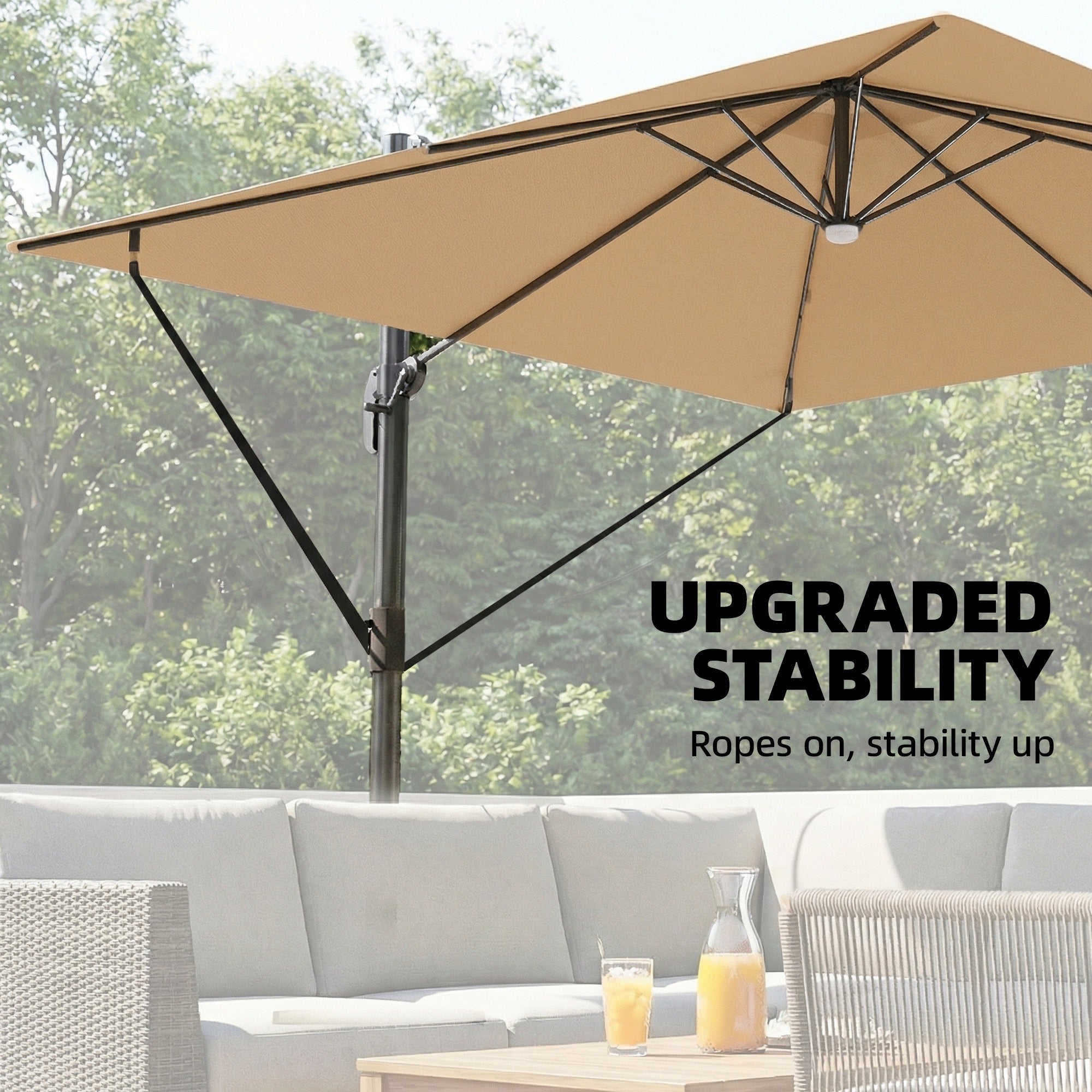 Outsunny 3 x 3 m Garden Cantilever Parasol with Light, Umbrella with Wind Protection, 360° Rotation, Khaki