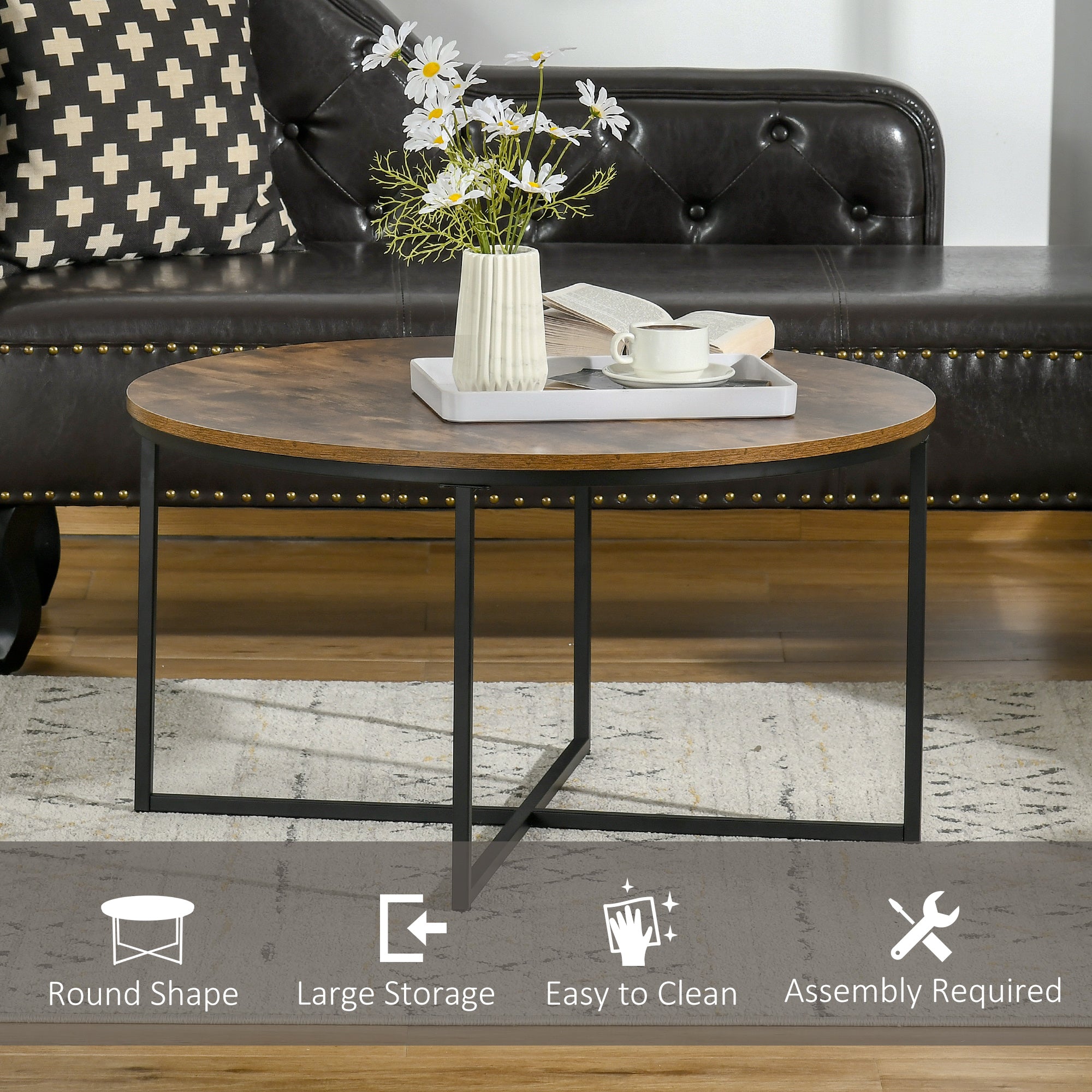 HOMCOM Round Coffee Table, Industrial Side Table with Metal Frame, Large Coffee Tables for Living Room, Bedroom, Rustic Brown - North Peak Garden Furniture