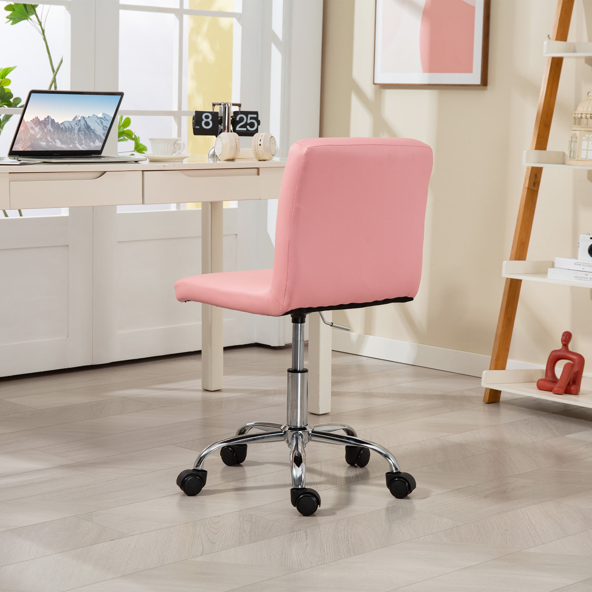 HOMCOM PU Leather Armless Office Chair, Modern Vanity Computer Swivel Chair with Rolling Wheels and Adjustable Height for Home Study, Bedroom, Pink - North Peak Garden Furniture