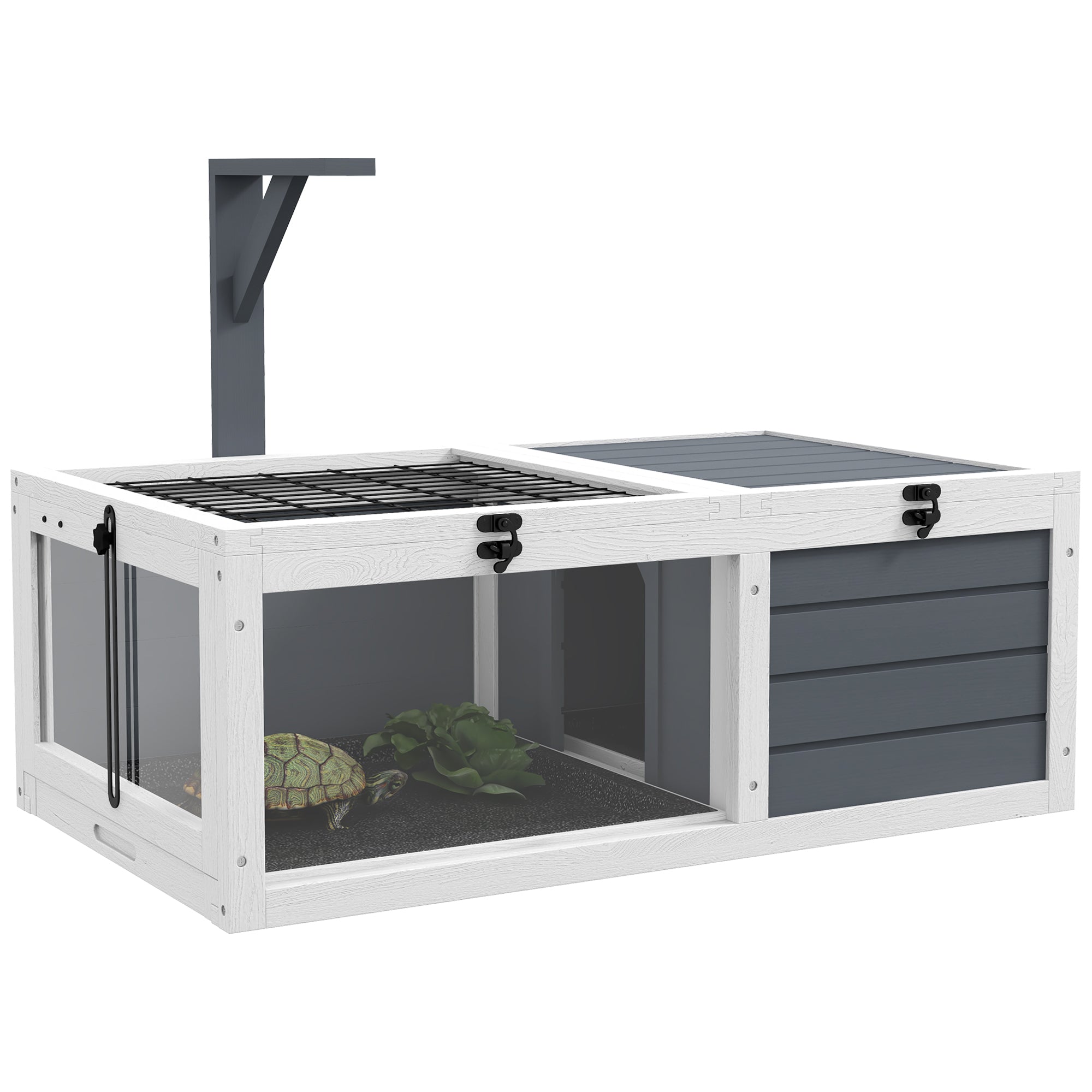 PawHut Tortoise Table with Wooden Lamp Holder, Wooden Tortoise House w/ Openable Lids, Pull-Out Trays - Grey - North Peak Garden Furniture