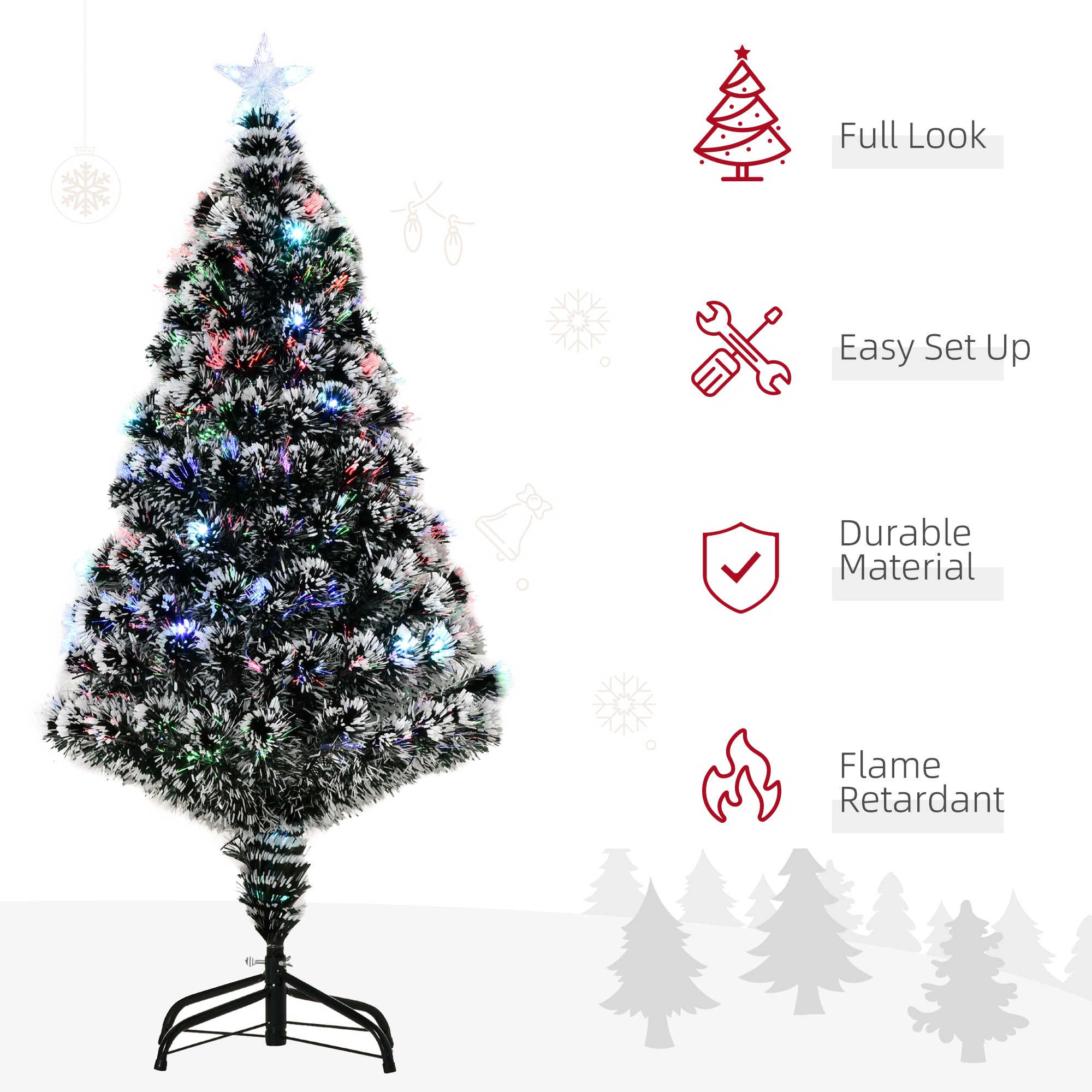 HOMCOM 4ft Artificial Prelit Christmas Tree, Snow Xmas Tree with Colourful LED Lighting Fiber Optics, Green White - North Peak Garden Furniture