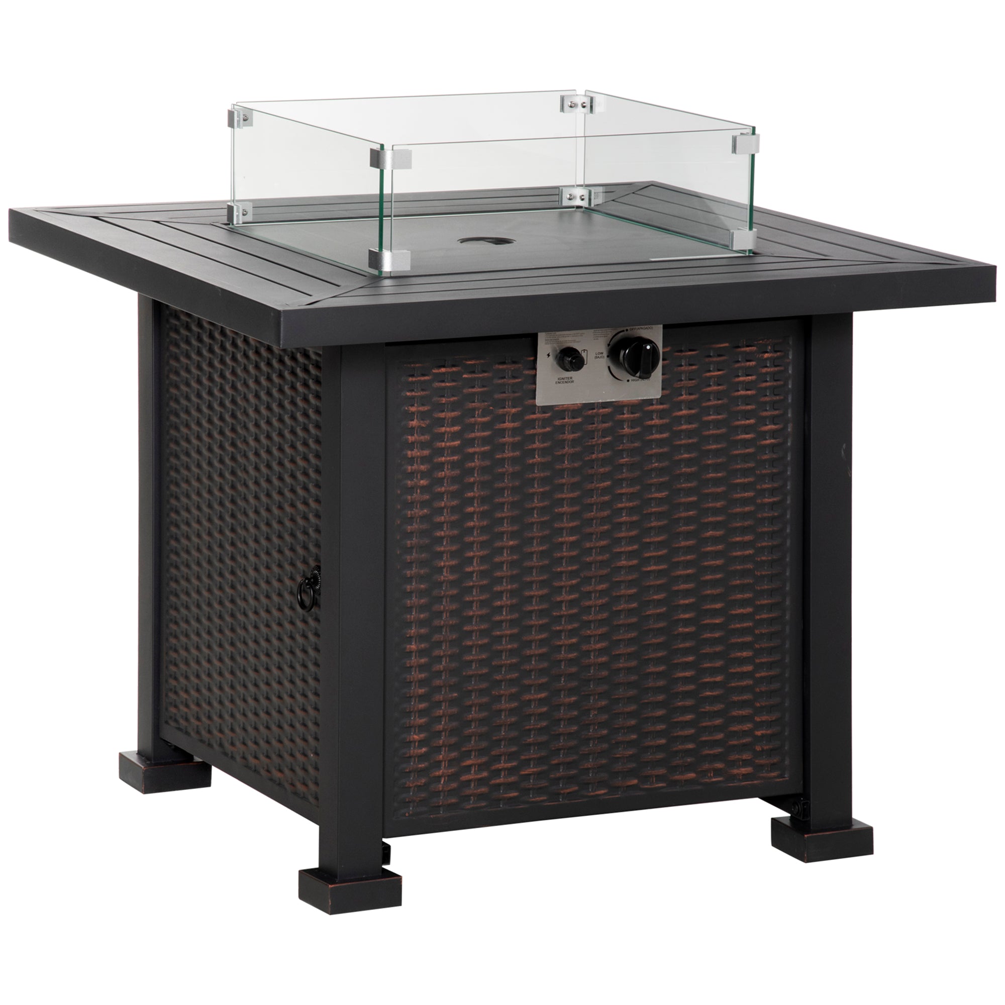 Outsunny Square Propane Gas Fire Pit Table, 50000 BTU Rattan Smokeless Firepit Patio Heater with Glass Screen, Glass Beads and Lid, 81cm x 81cm x 64cm, Black - North Peak Garden Furniture