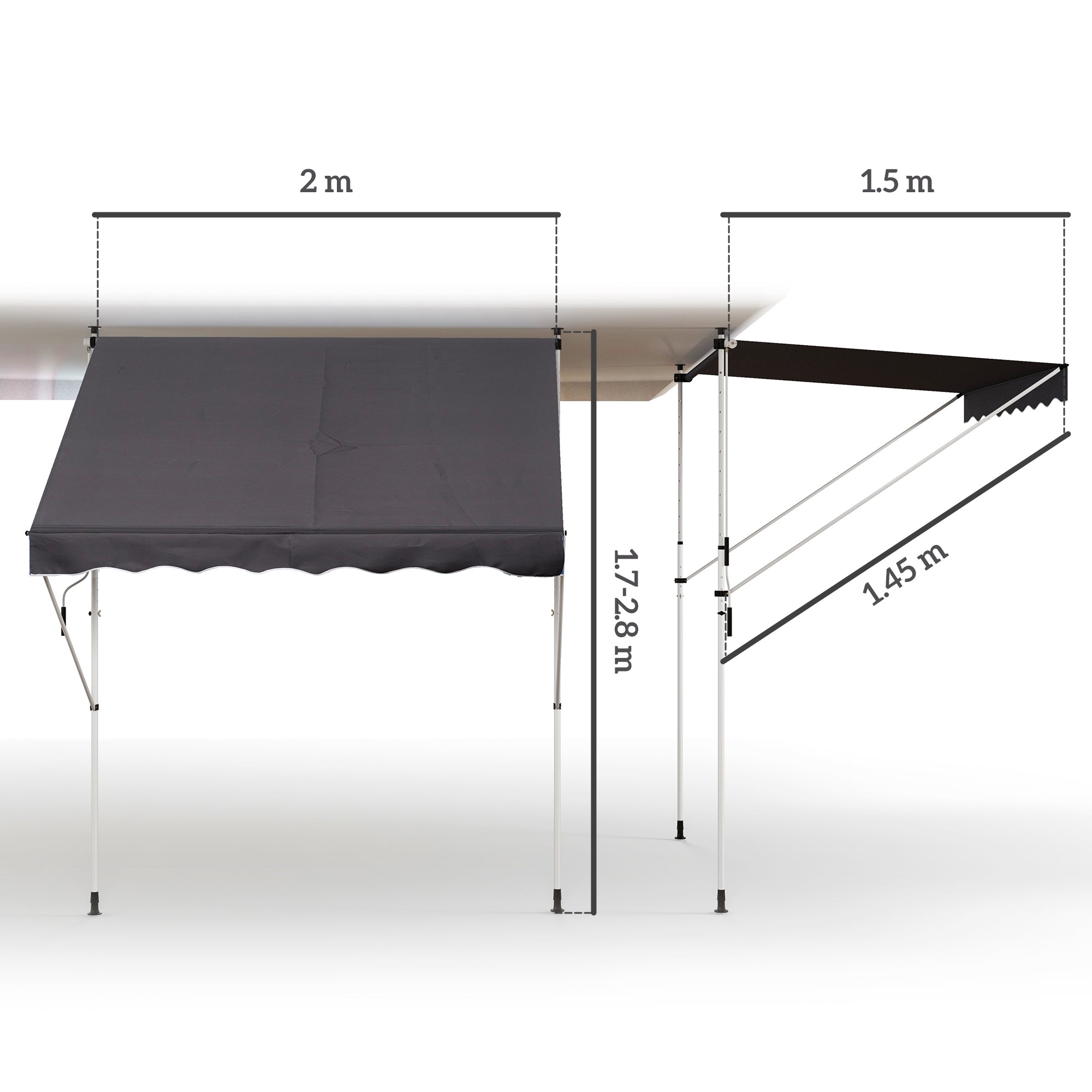 Outsunny Balcony 2 x 1.5m Manual Adjustable Awning DIY Patio Clamp Awning Canopy Retractable Shade Shelter Easy to Move for Balcony, Grey - North Peak Garden Furniture