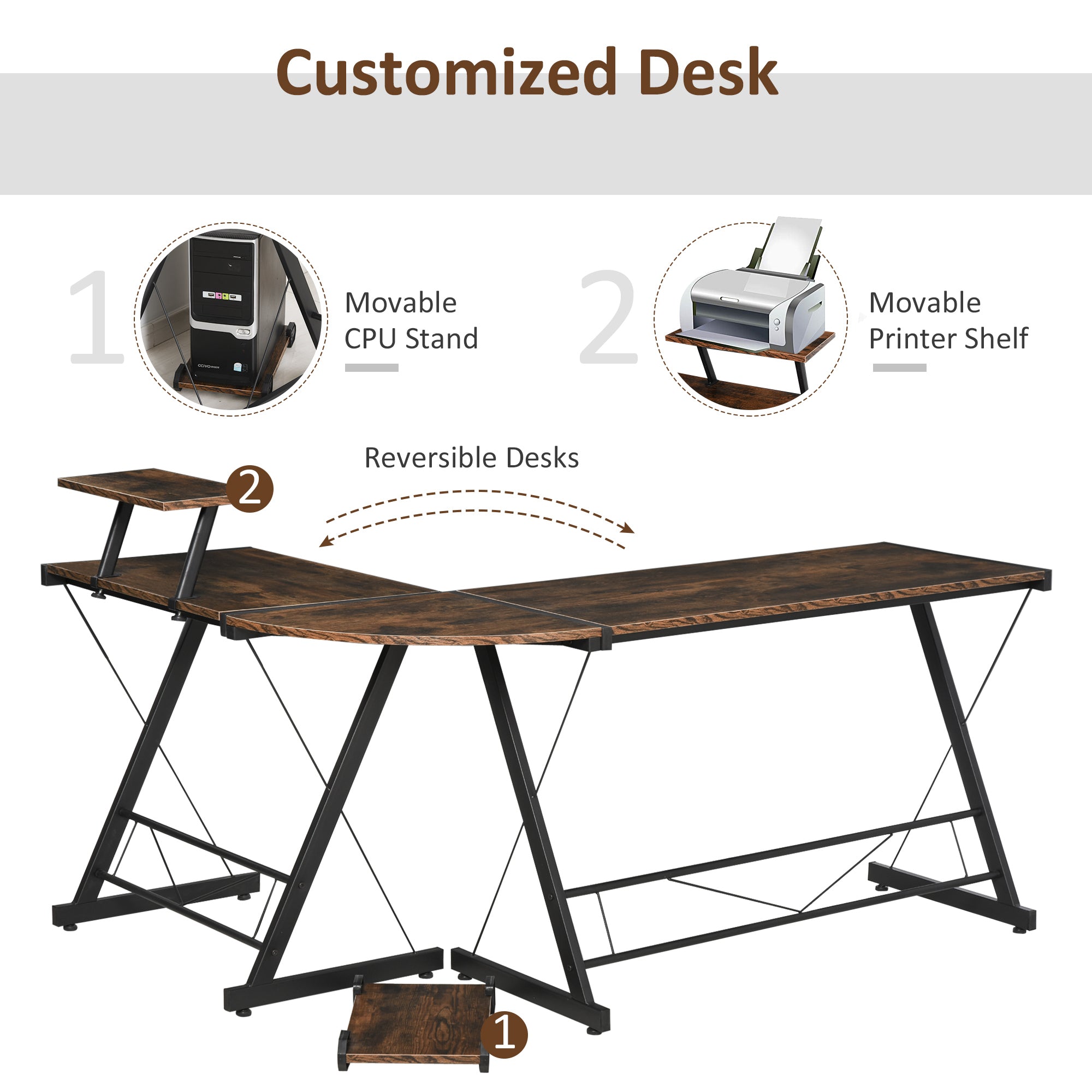 HOMCOM L Shaped Corner Desk, Gaming Desk, Computer Table with Monitor Stand and CPU Stand, Study Workstation for Home Office, 155 x 115 x 91.5cm, Rustic Brown and Black