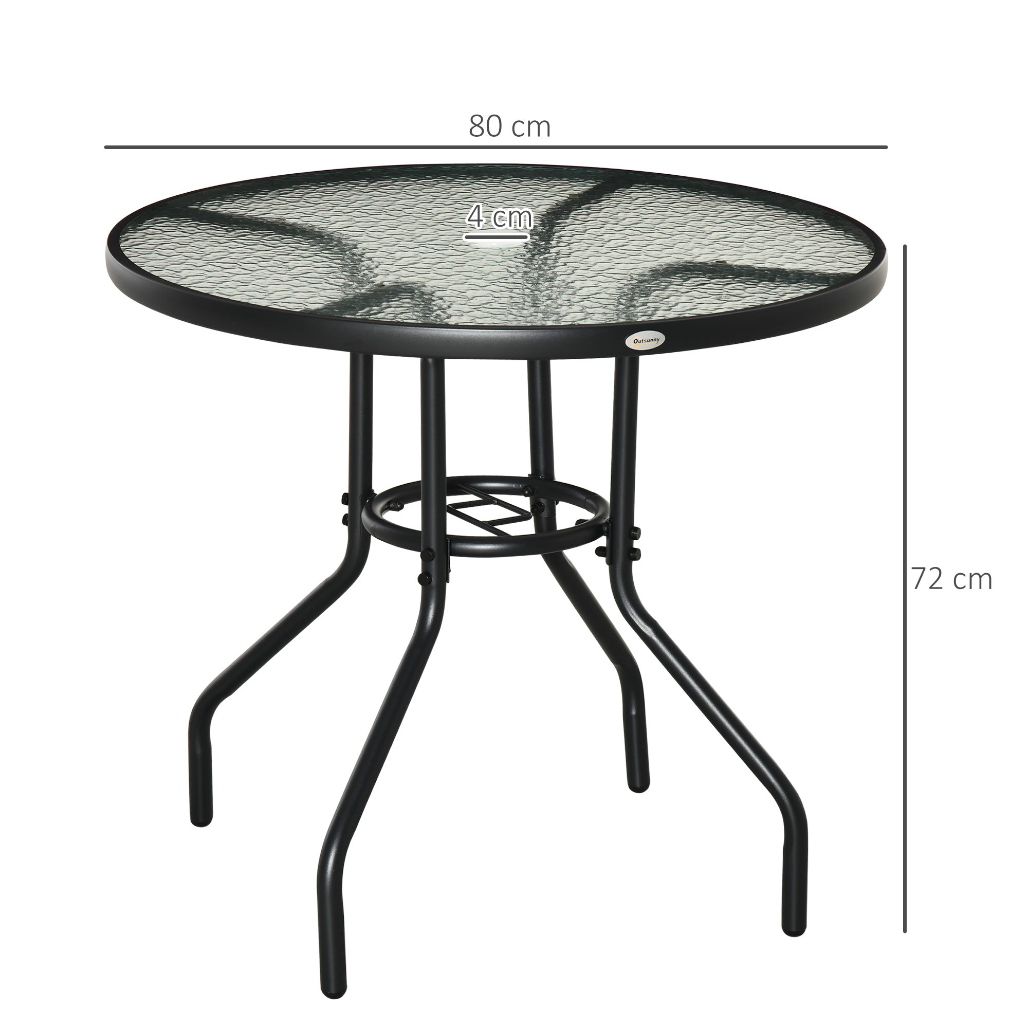Outsunny Outdoor φ80cm Round Dining Table Tempered Glass Top Steel Frame Bistro Coffee End Side Table Garden w/ Parasol Hole - North Peak Garden Furniture