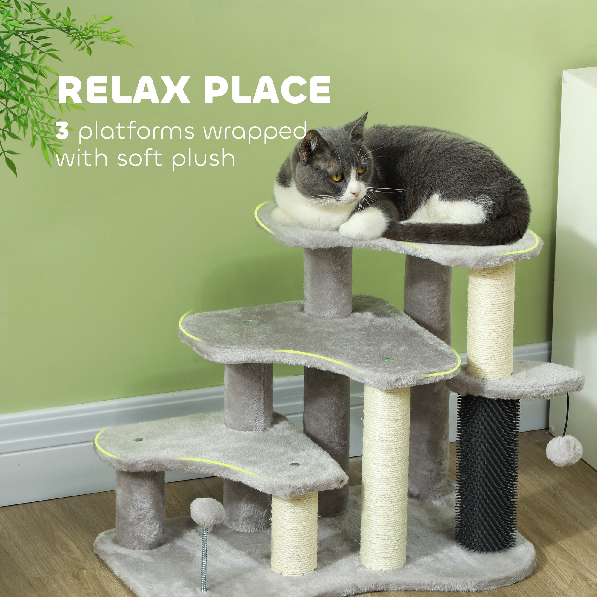 PawHut 2-in-1 Cat Tree, Pet Stairs w/ Scratching Post, Toy Balls, for Bed, Sofa, Couch, Light Grey