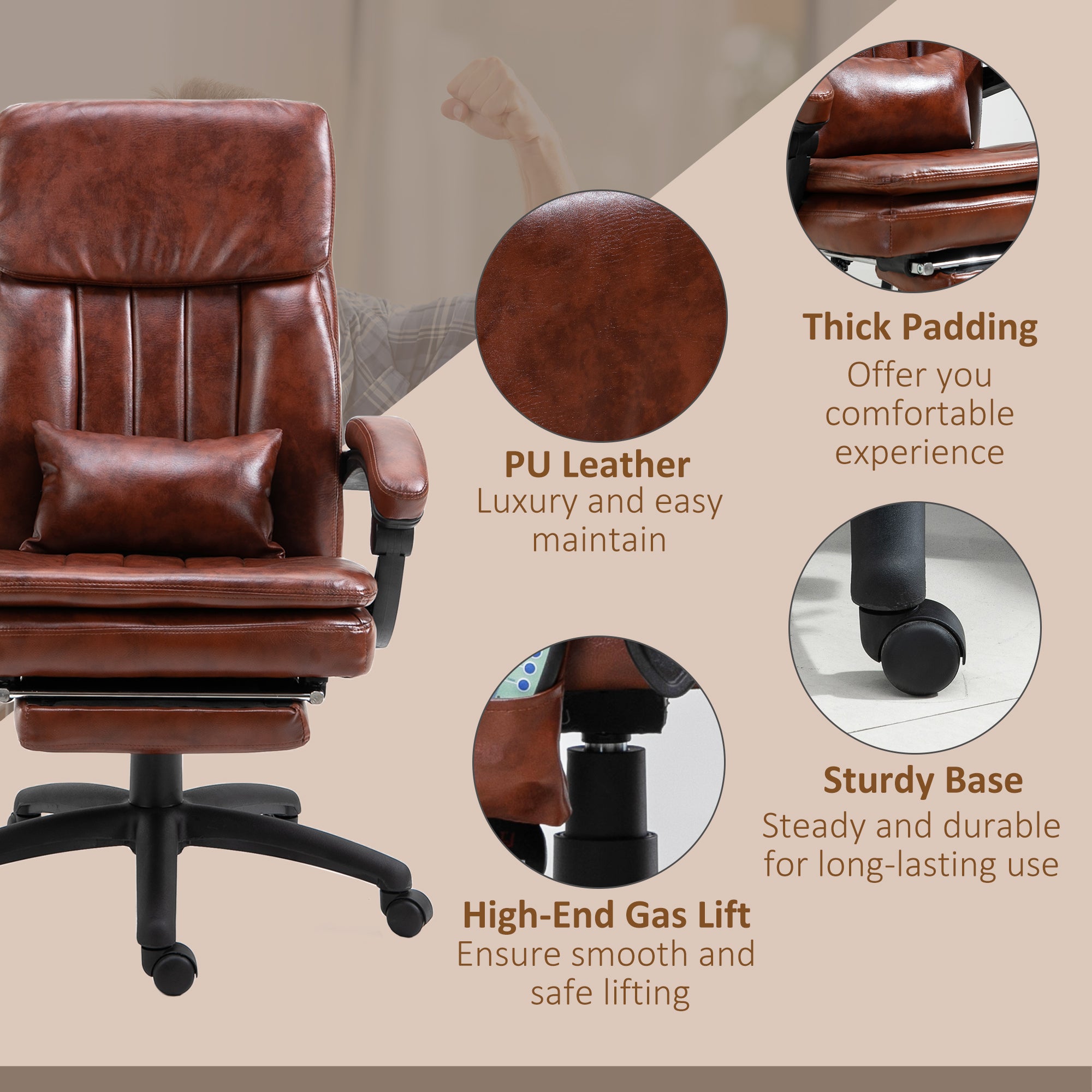 Vinsetto PU Leather Office Chair with 7 Point Vibrating Massage, Computer Desk Chair with Footrest, Adjustable Height, Reclining Back, Brown - North Peak Garden Furniture