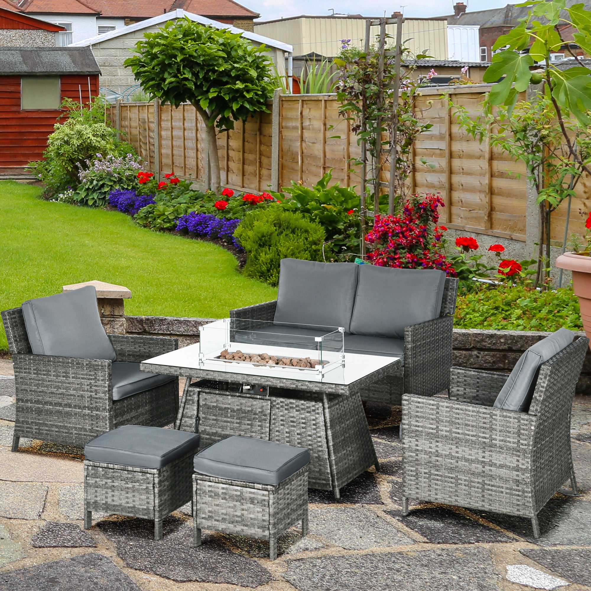 Outsunny 6 Seater Rattan Garden Furniture Set, Gas Fire Pit Table, Wicker Loveseat, 2 Armchairs and 2 Footstools, 6 Piece Patio Rattan furniture Sofa Sets with Cushions for Conservatory, Grey - North Peak Garden Furniture