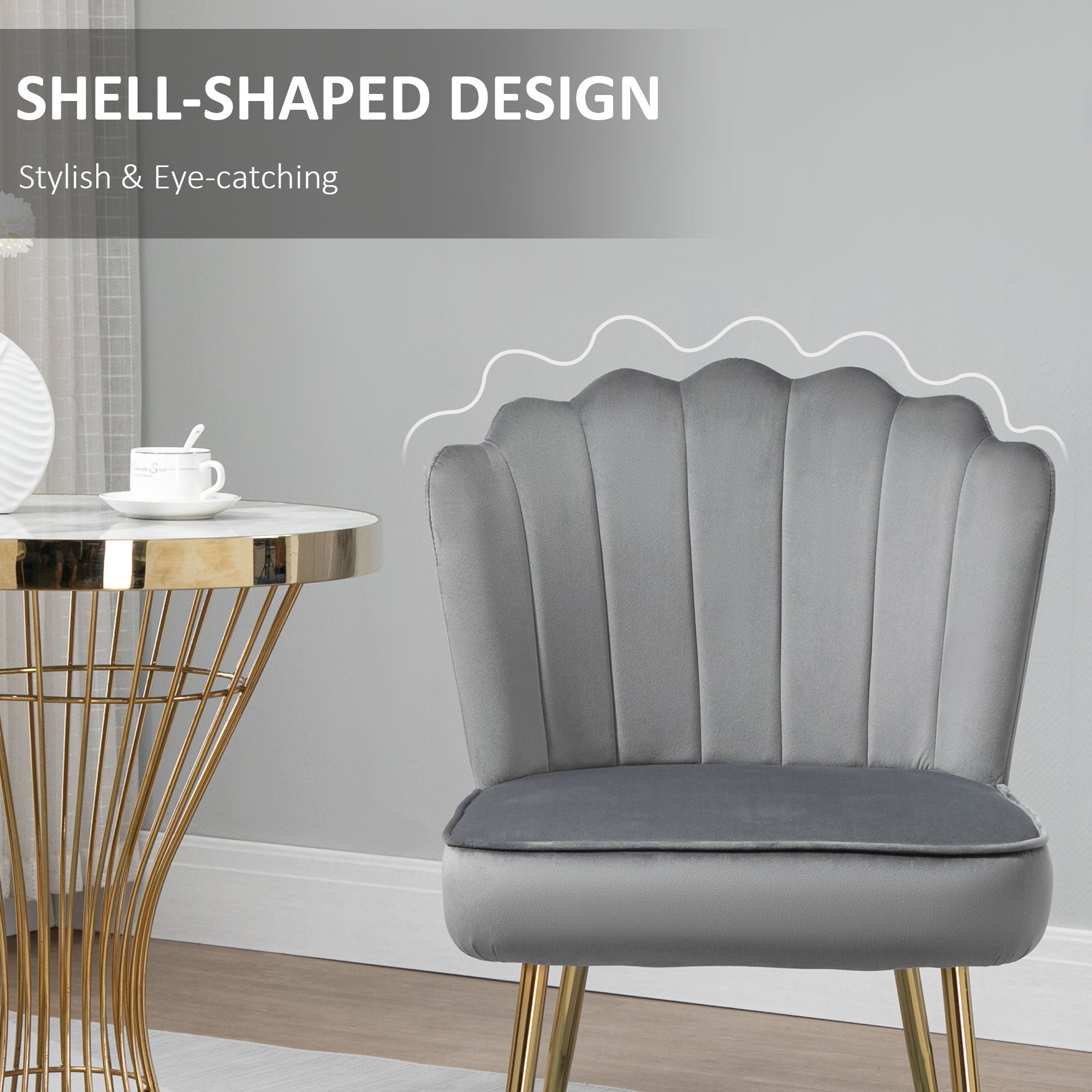 HOMCOM Velvet-Feel Shell Accent Chair - Grey - North Peak Garden Furniture