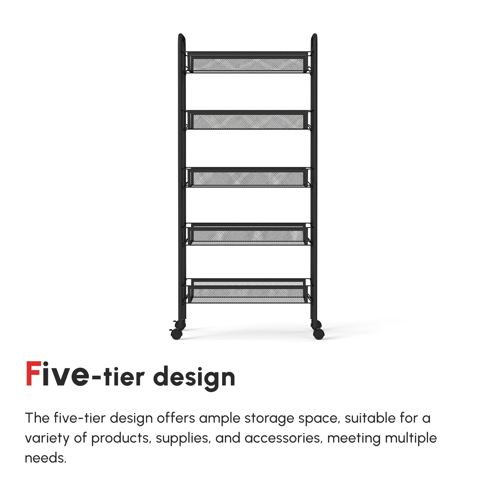 HOMCOM Five-Steel Mesh Basket Storage Trolley, with Wheels - Black - North Peak Garden Furniture