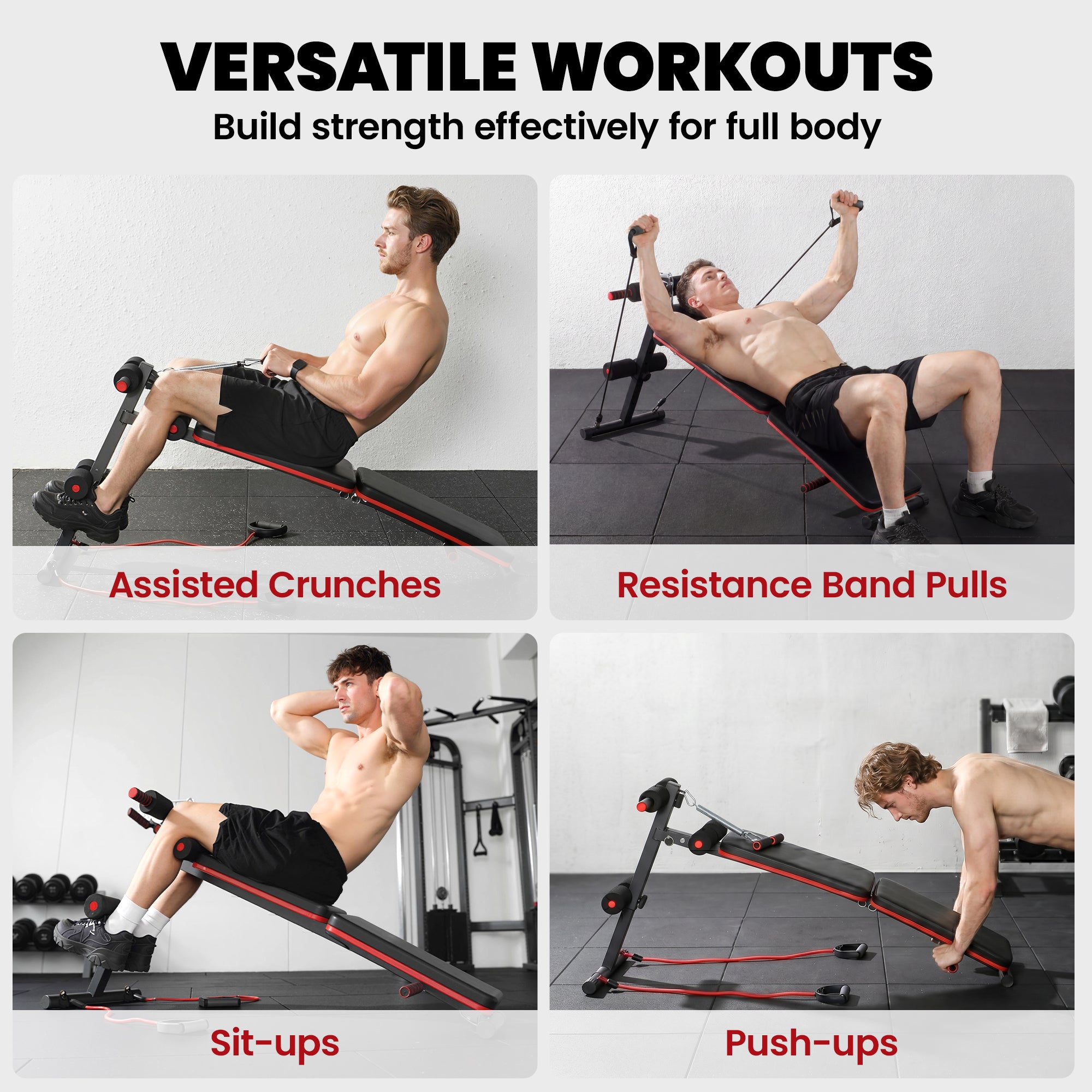 HOMCOM Sit Up Bench Core Workout Adjustable Thigh Support Foldable for Home Gym w/ Arm Pulling Rope Black