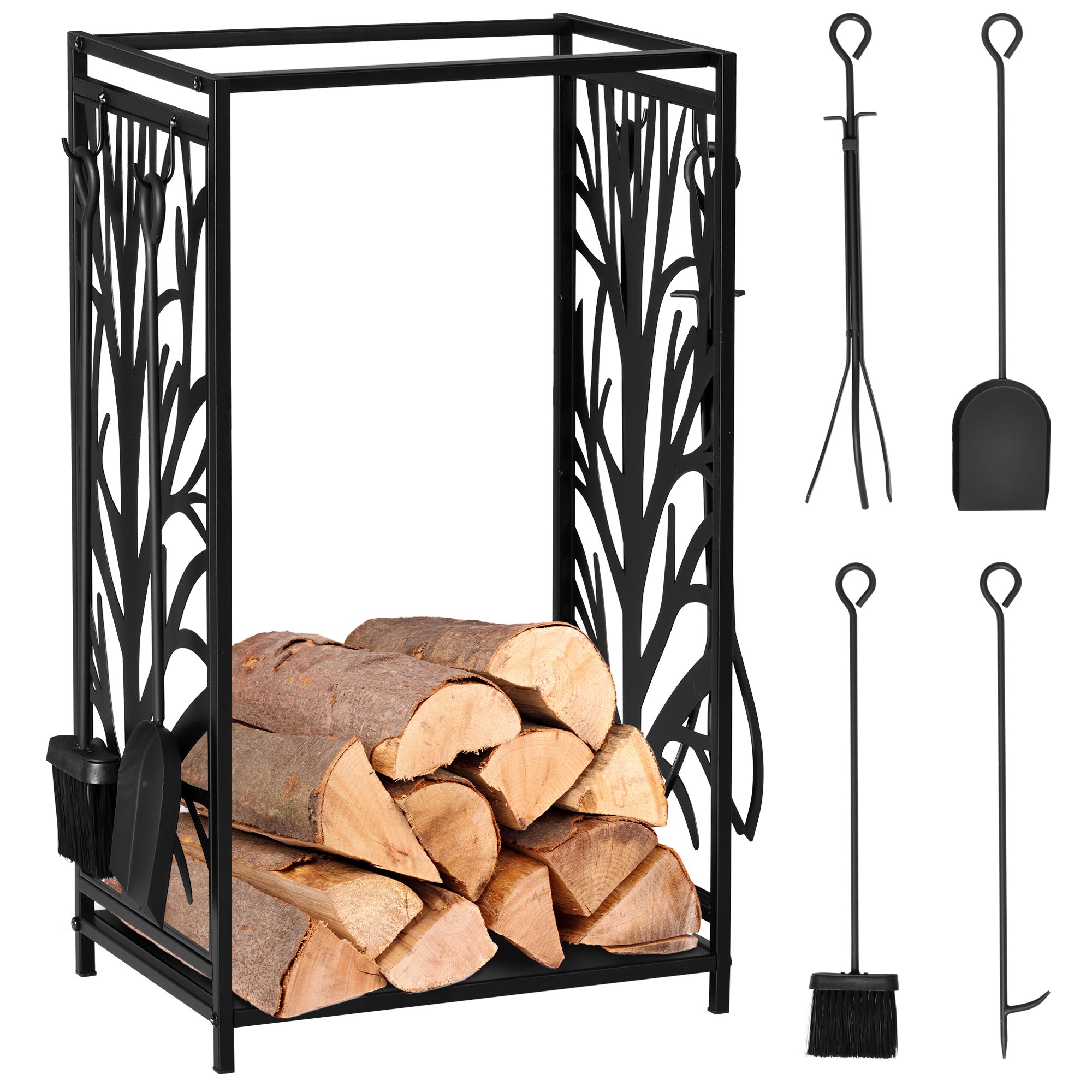 HOMCOM Steel Firewood Log Holder Indoor Outdoor Firewood Rack Fireplace Wood Storage Shelf with 4 Tools, Hooks, Tree Pattern Design, Rust-Resistant, Black, 46W x 30D x 70H cm - North Peak Garden Furniture