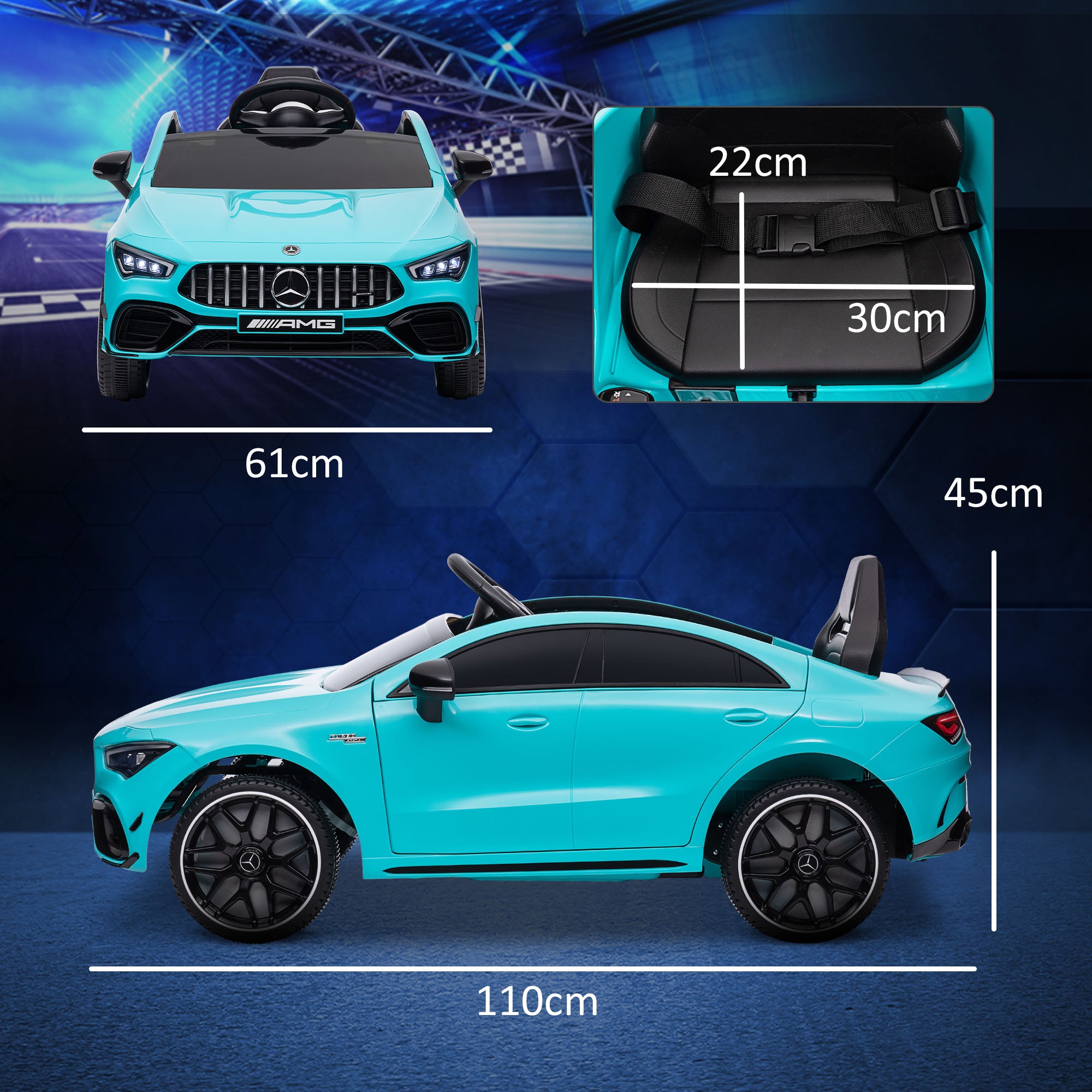 AIYAPLAY Mercedes-AMG CLA 45 Licensed 12V Kids Electric Car Ride on Car w/ Remote, Suspension Lights Music Horn - Light Blue - North Peak Garden Furniture