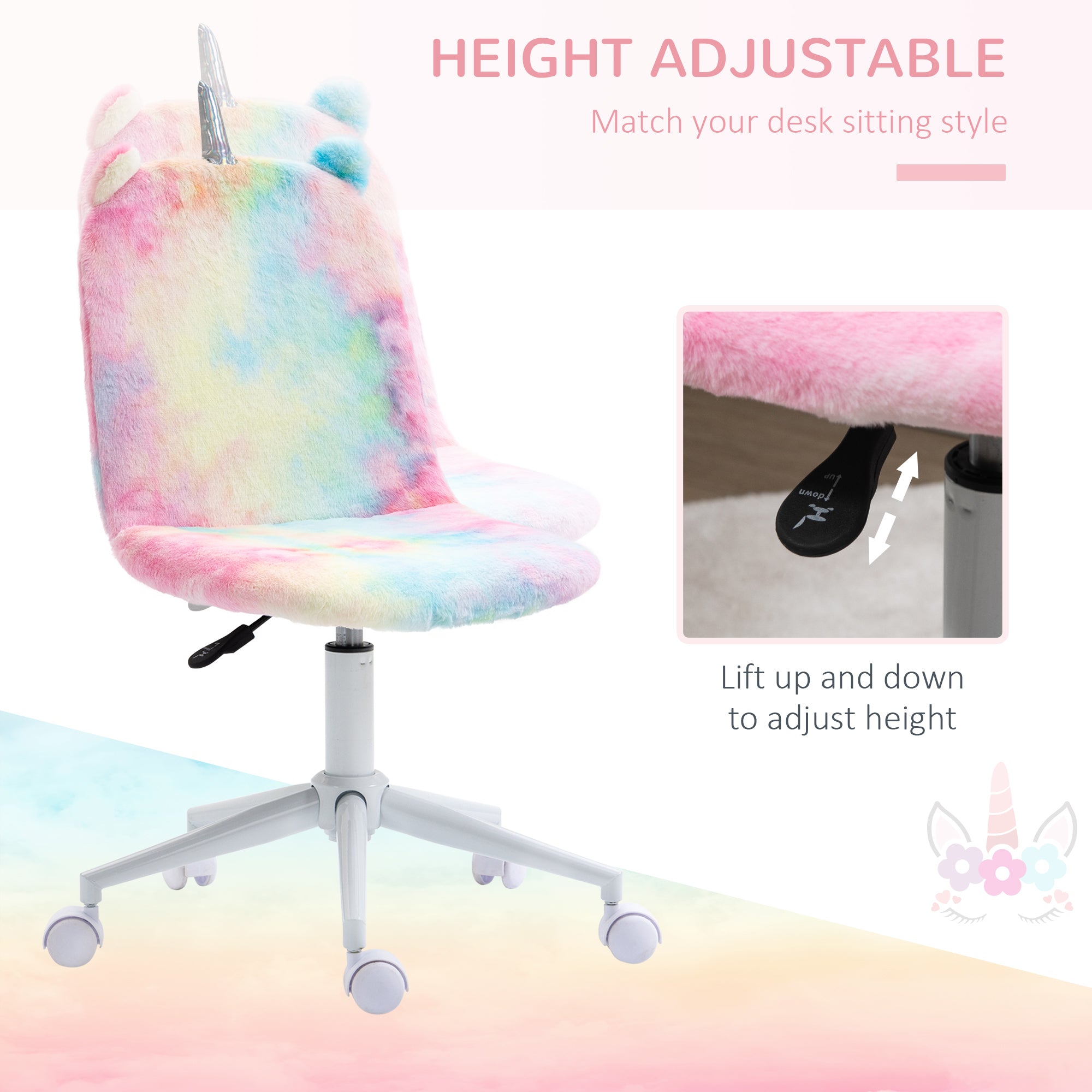 Vinsetto Fluffy Unicorn Office Chair with Mid-Back and Swivel Wheel, Cute Desk Chair, Rainbow Multi-Colored - North Peak Garden Furniture