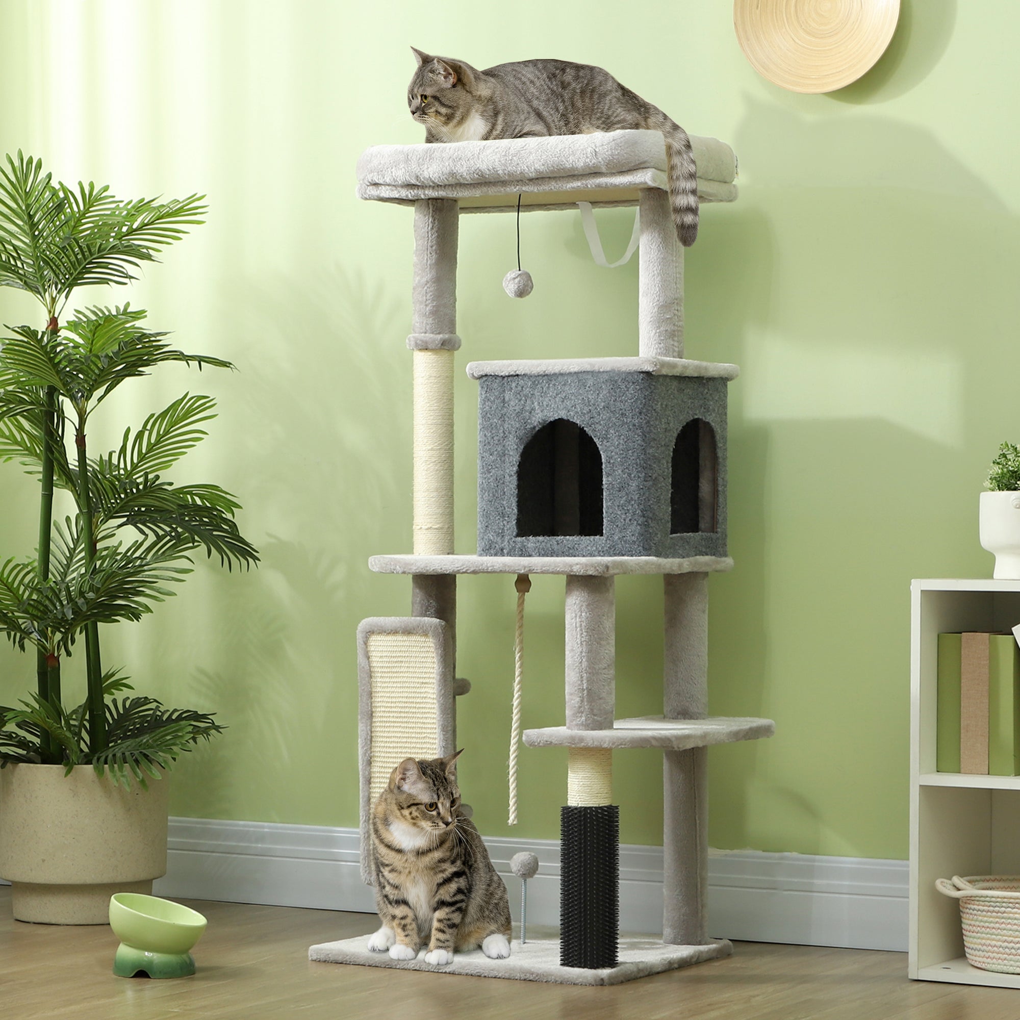 PawHut 132cm Cat Tree w/ Scratching Posts, Pad, Cat Bed, Cat House, Jumping Platform, Grooming Brush, Anti-Tip Kit, Light Grey