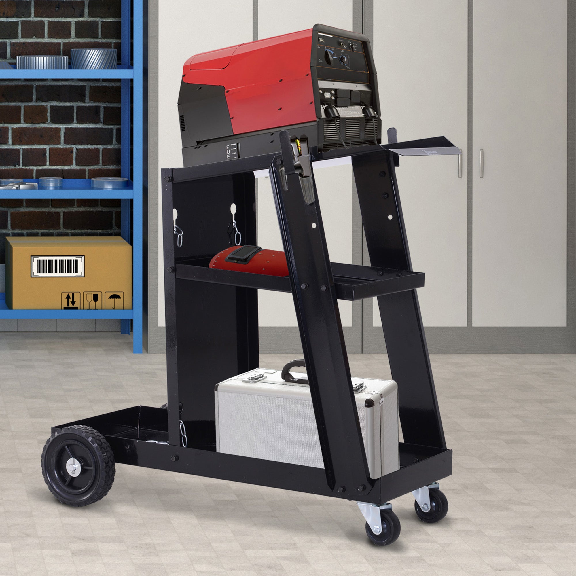 DURHAND Welding Cart Welder Trolley Garage for Gas Bottles w/ Safety Chain, Wheels, Black - North Peak Garden Furniture