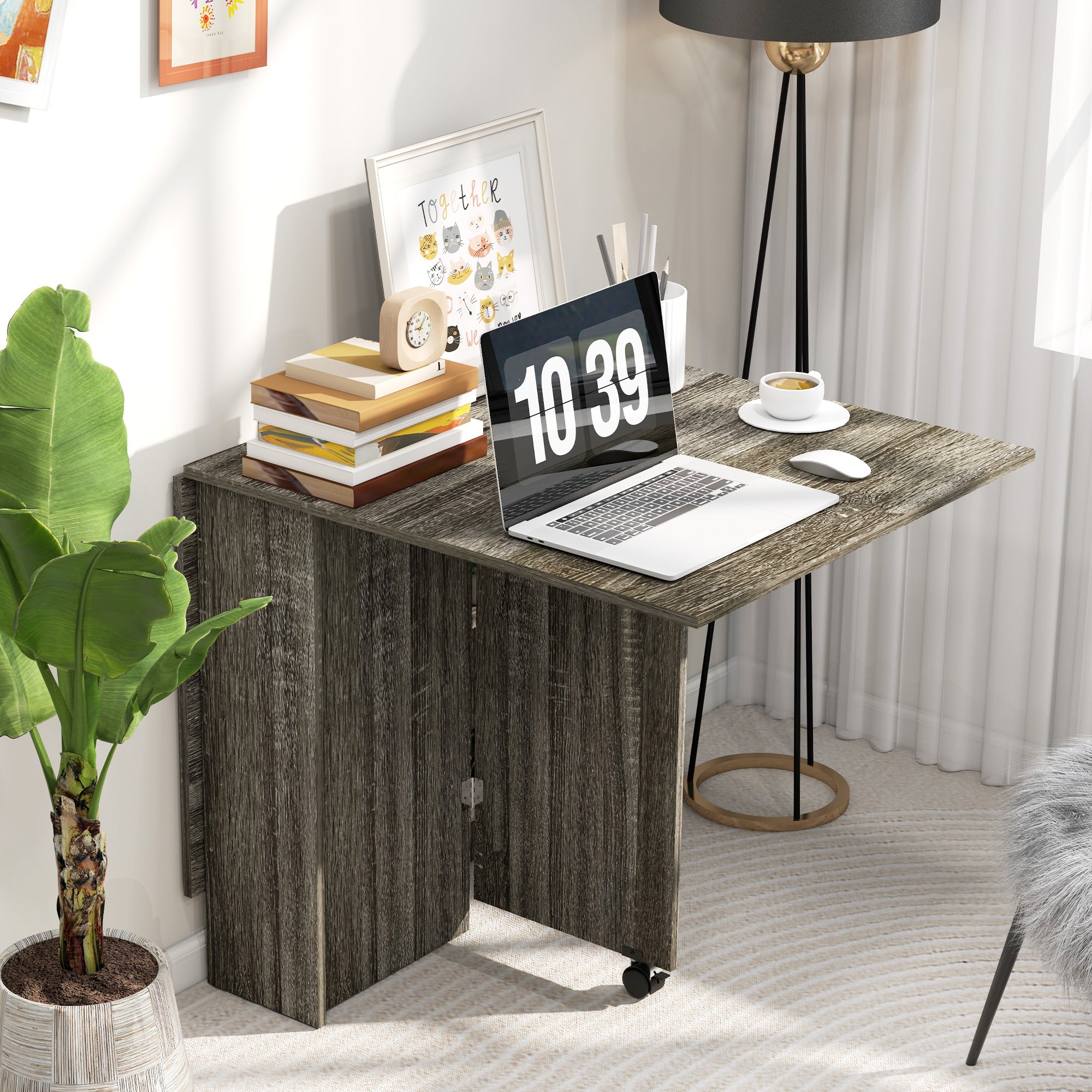HOMCOM Folding Dining Table, Drop Leaf Table for Small Spaces with 2-tier Shelves, Small Kitchen Table with Rolling Casters, Grey - North Peak Garden Furniture