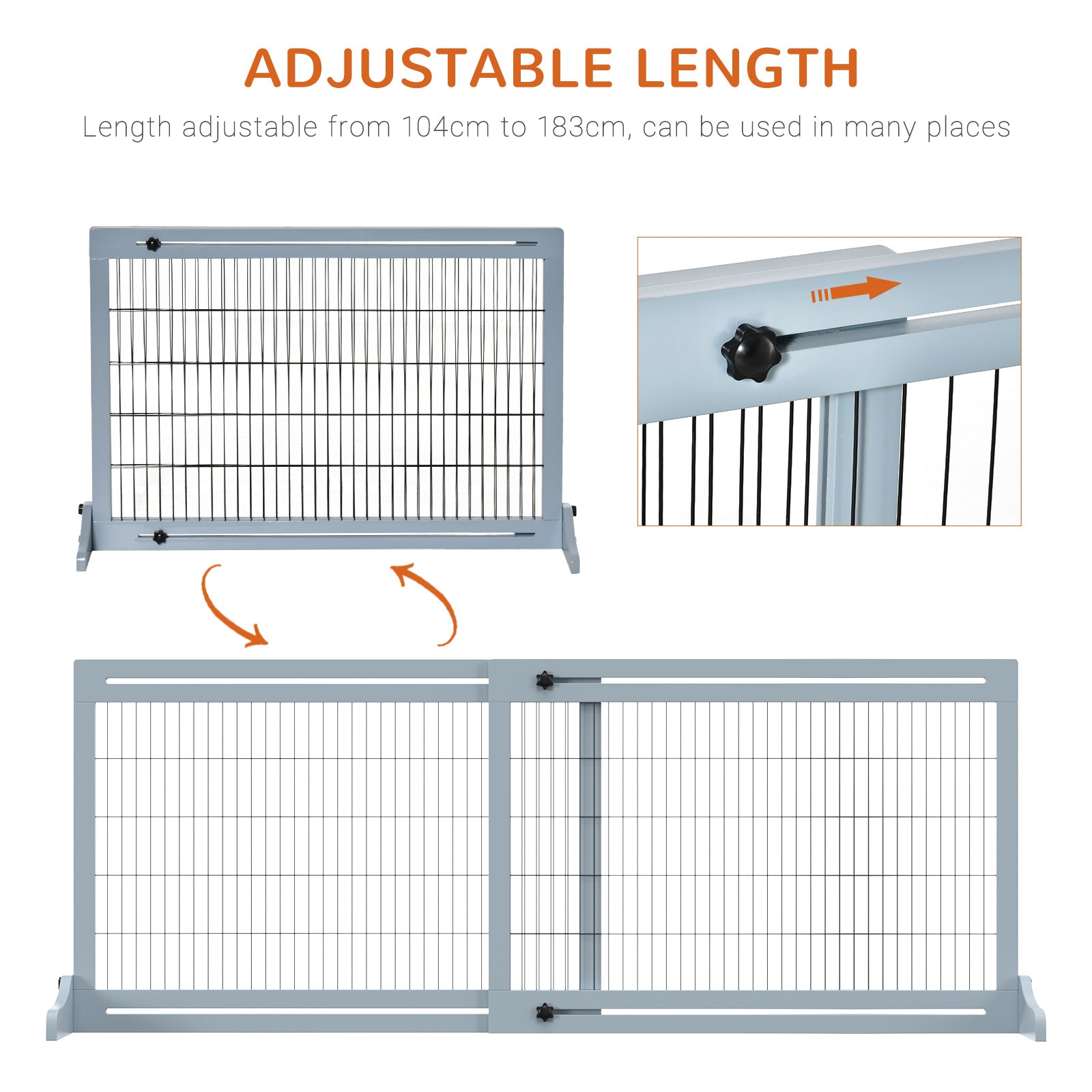 PawHut Freestanding Dog Gate, Foldable Pet Fence, Indoor Wood Barrier, Stair Gate with Support Feet, for Doorway, Hallway, Small and Medium Dogs, 69H x 104-183 cm, Blue-grey - North Peak Garden Furniture