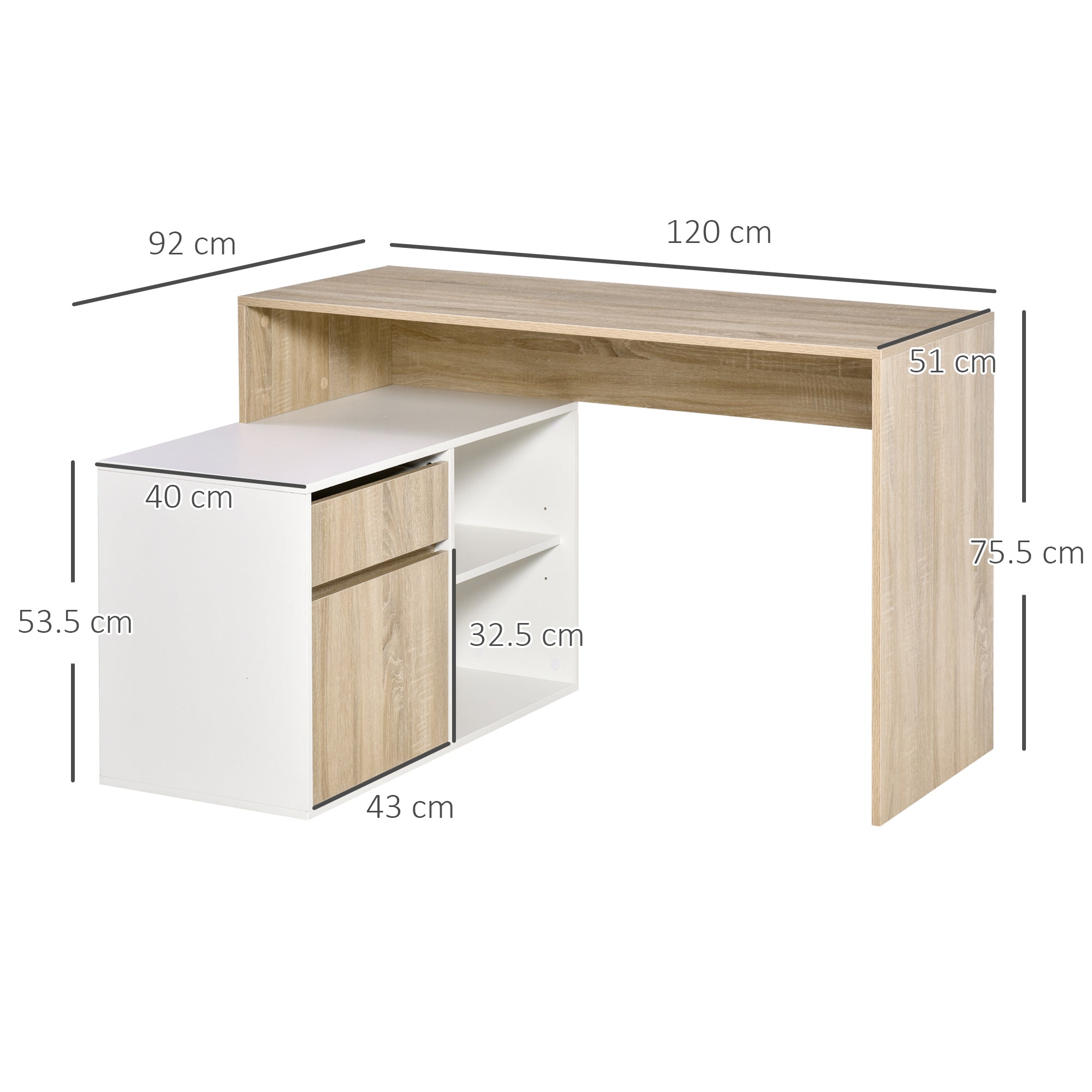 HOMCOM L-Shaped Desk, Corner Computer Desk with Storage Drawer, Adjustable Shelf, Cabinet for Home Office and Study, 120 x 92 x 75cm, Oak and White