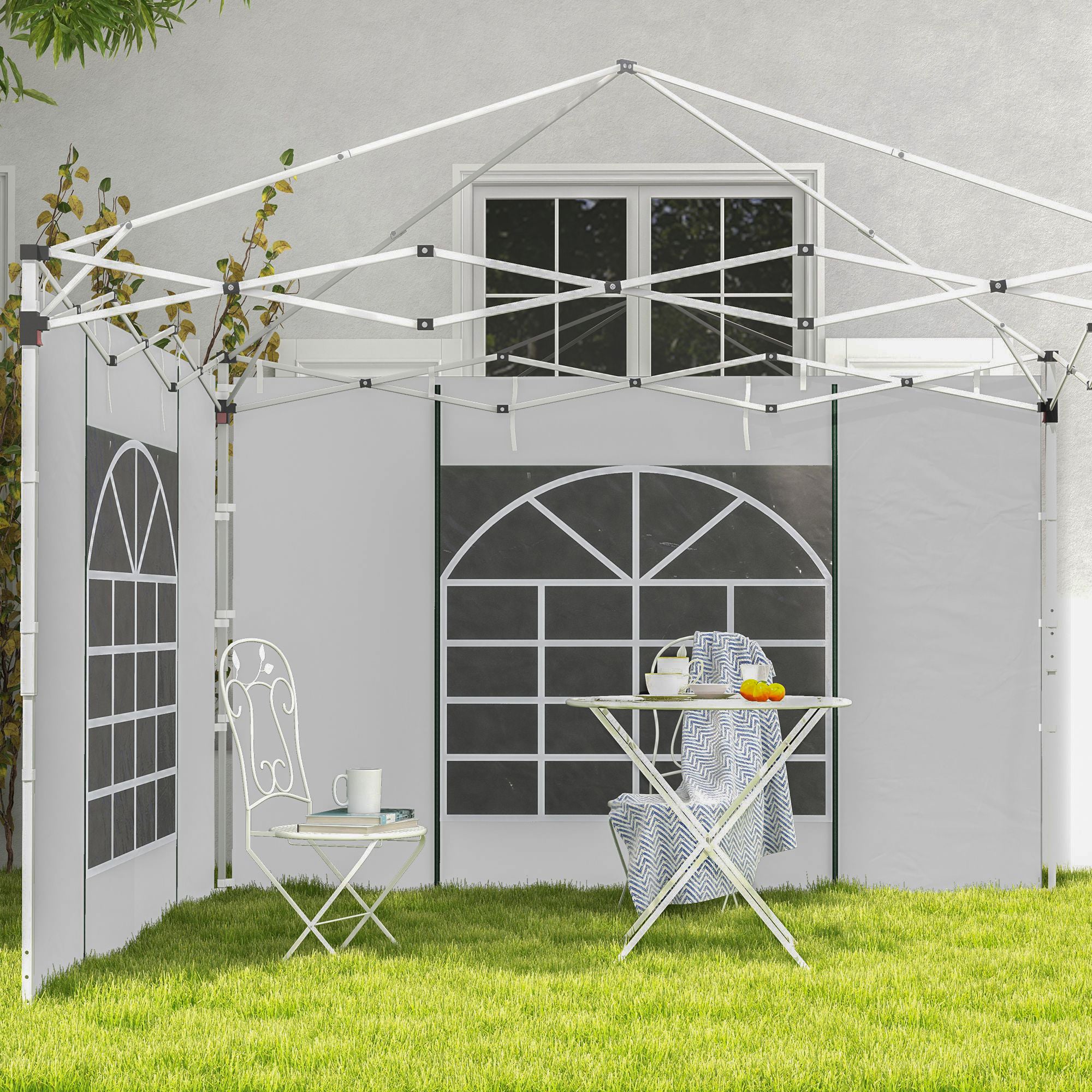 Outsunny Gazebo Side Panels, 2 Pack Sides Replacement, for 3x3(m) or 3x6m Pop Up Gazebo, with Windows and Doors, White - North Peak Garden Furniture