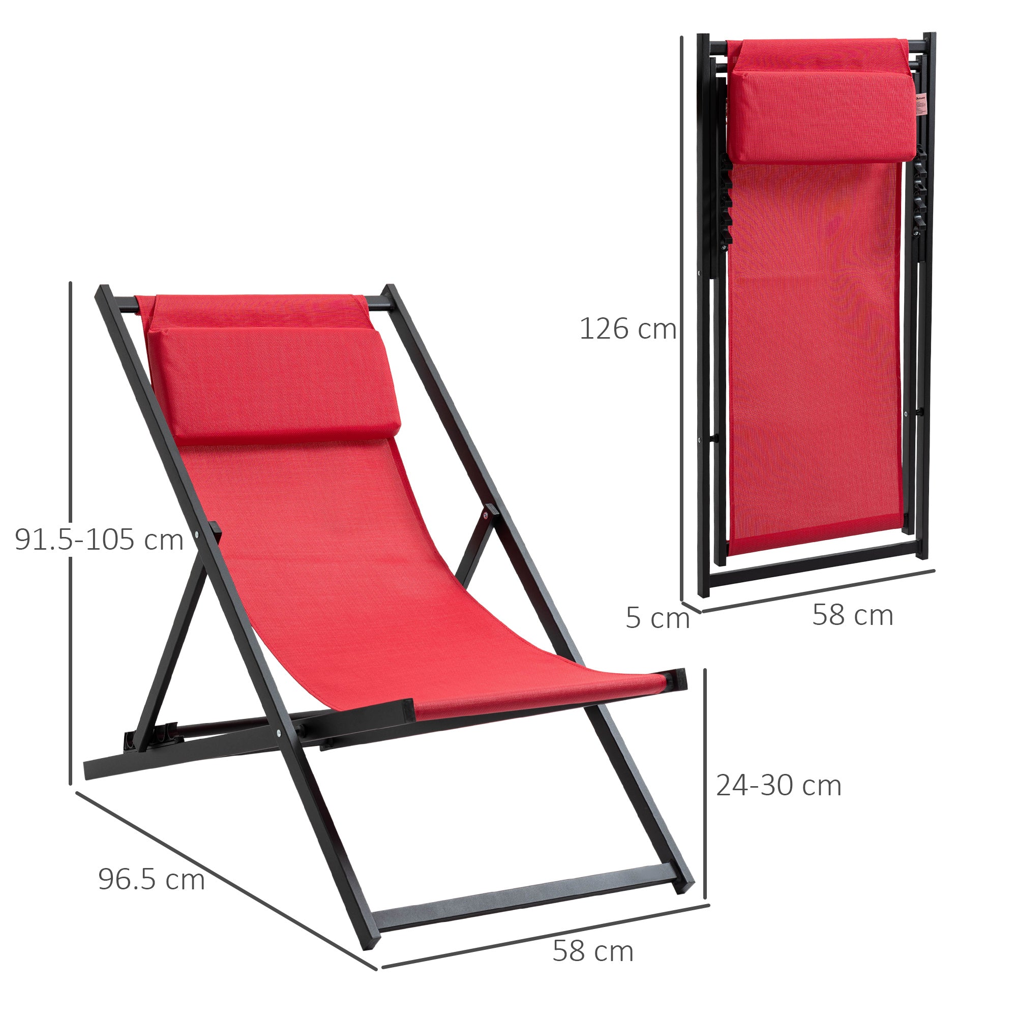 Outsunny Set of 2 Folding Garden Beach Aluminium Frame Deck Chairs Deckchairs Seaside Folding Garden Patio Lounger, Red - North Peak Garden Furniture
