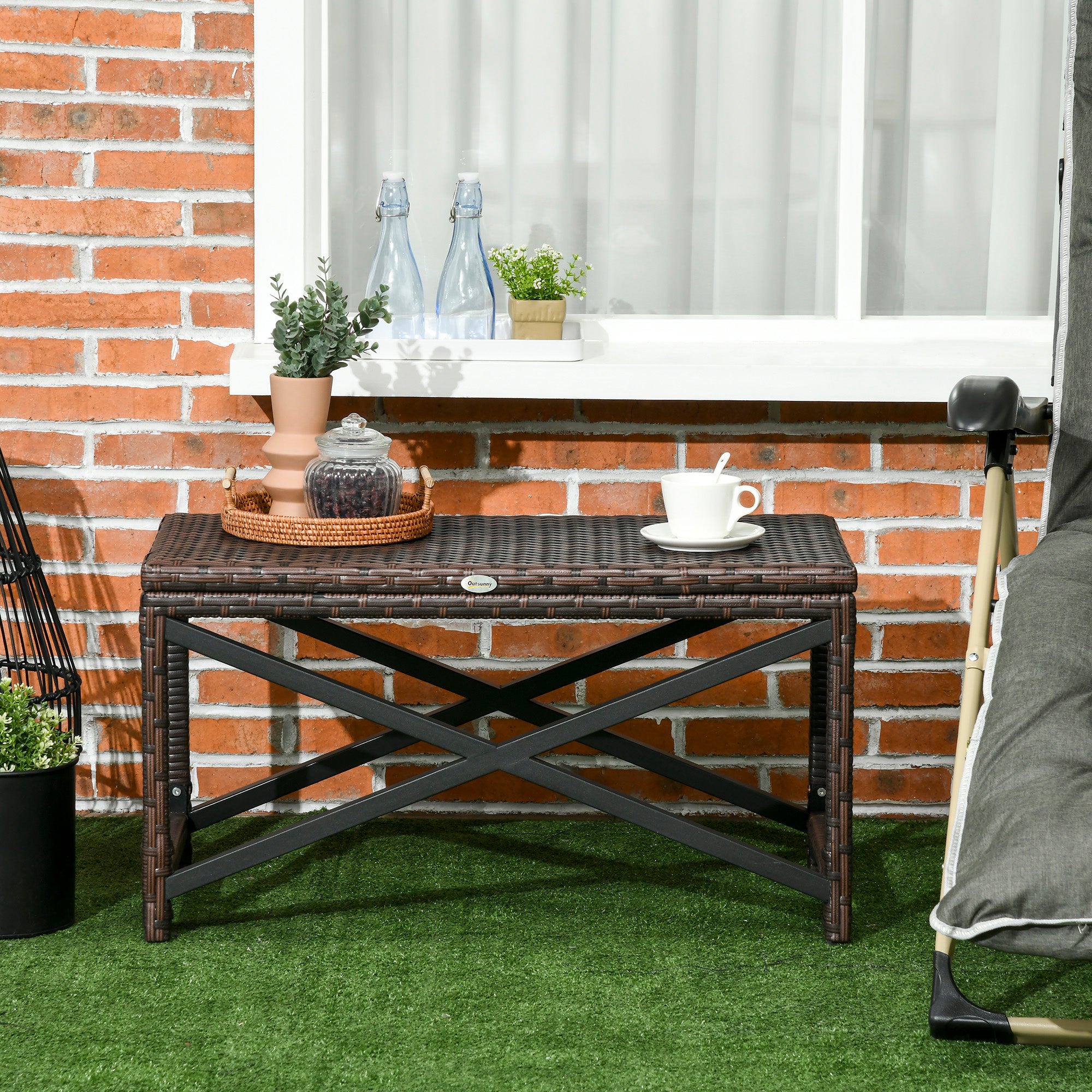 Outsunny PE Rattan Garden Side Table, Outdoor Coffee Table with X-Shape Frame, Mixed Brown
