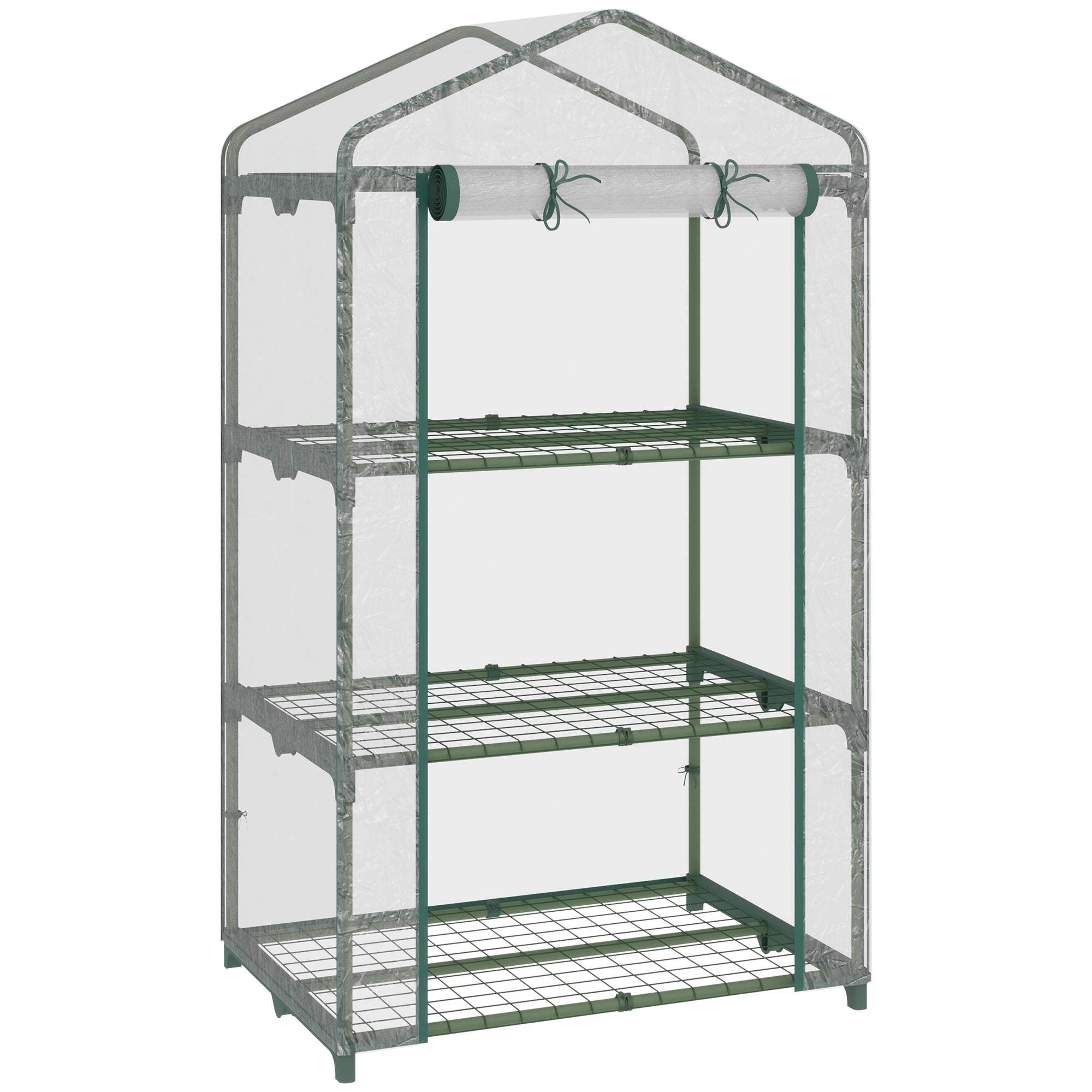 Outsunny Mini Greenhouse Shelving Unit: Clear PVC Panels for Plant Nurturing, Roll-Up Door, 69Lx49Wx125H cm | Aosom UK