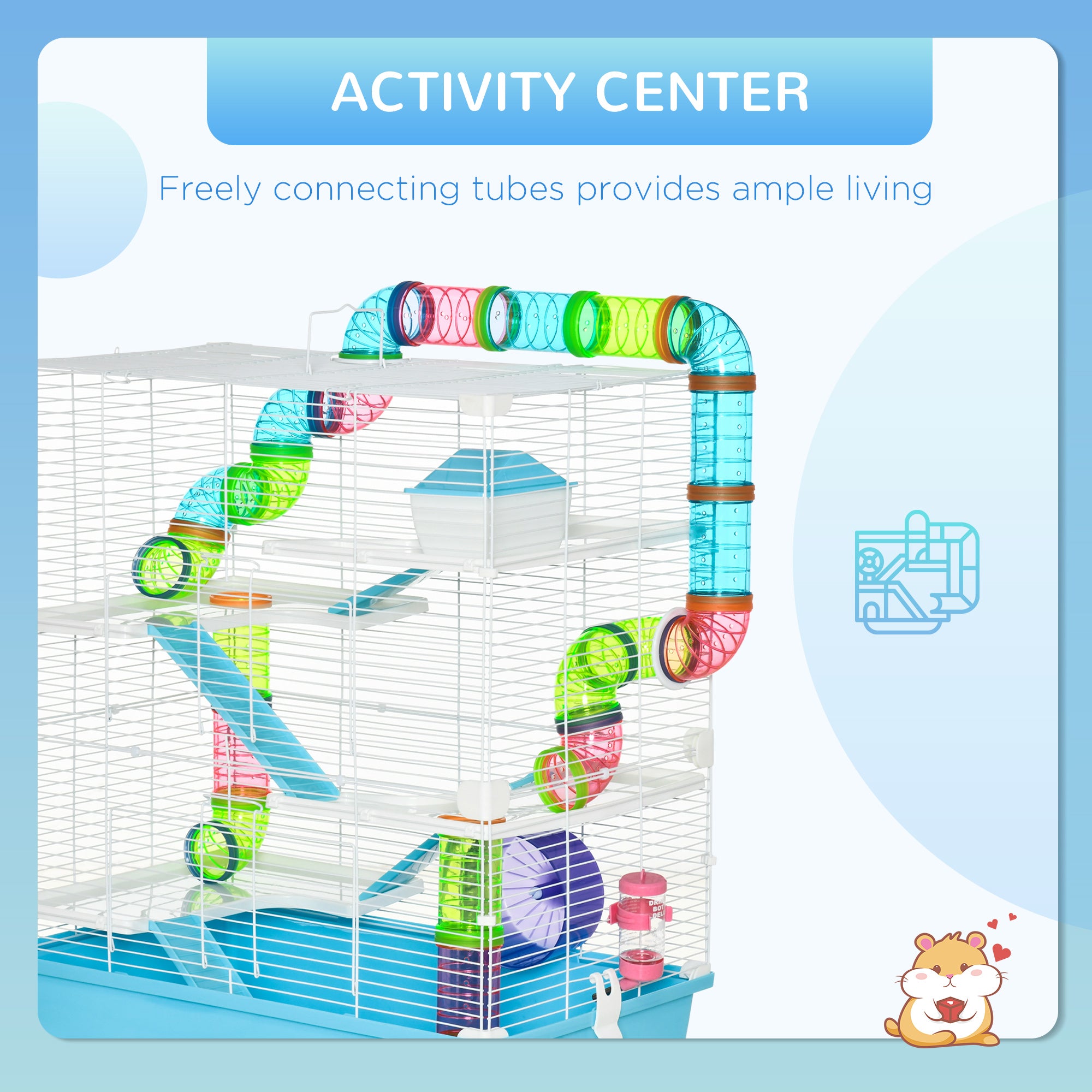 PawHut Hamster Cage w/ Water Bottle, Exercise Wheel, Tubes, Ramps - Light Blue - North Peak Garden Furniture