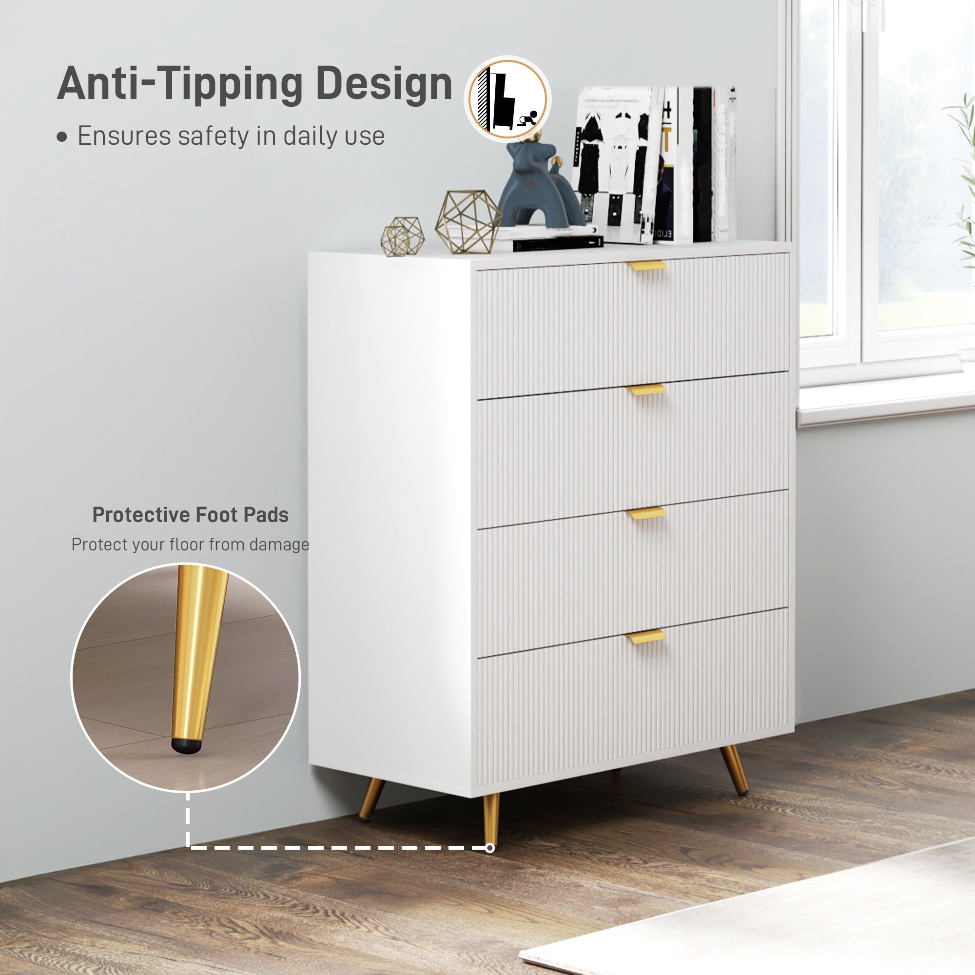 HOMCOM Elegant Four-Drawer Bedside Table - White - North Peak Garden Furniture