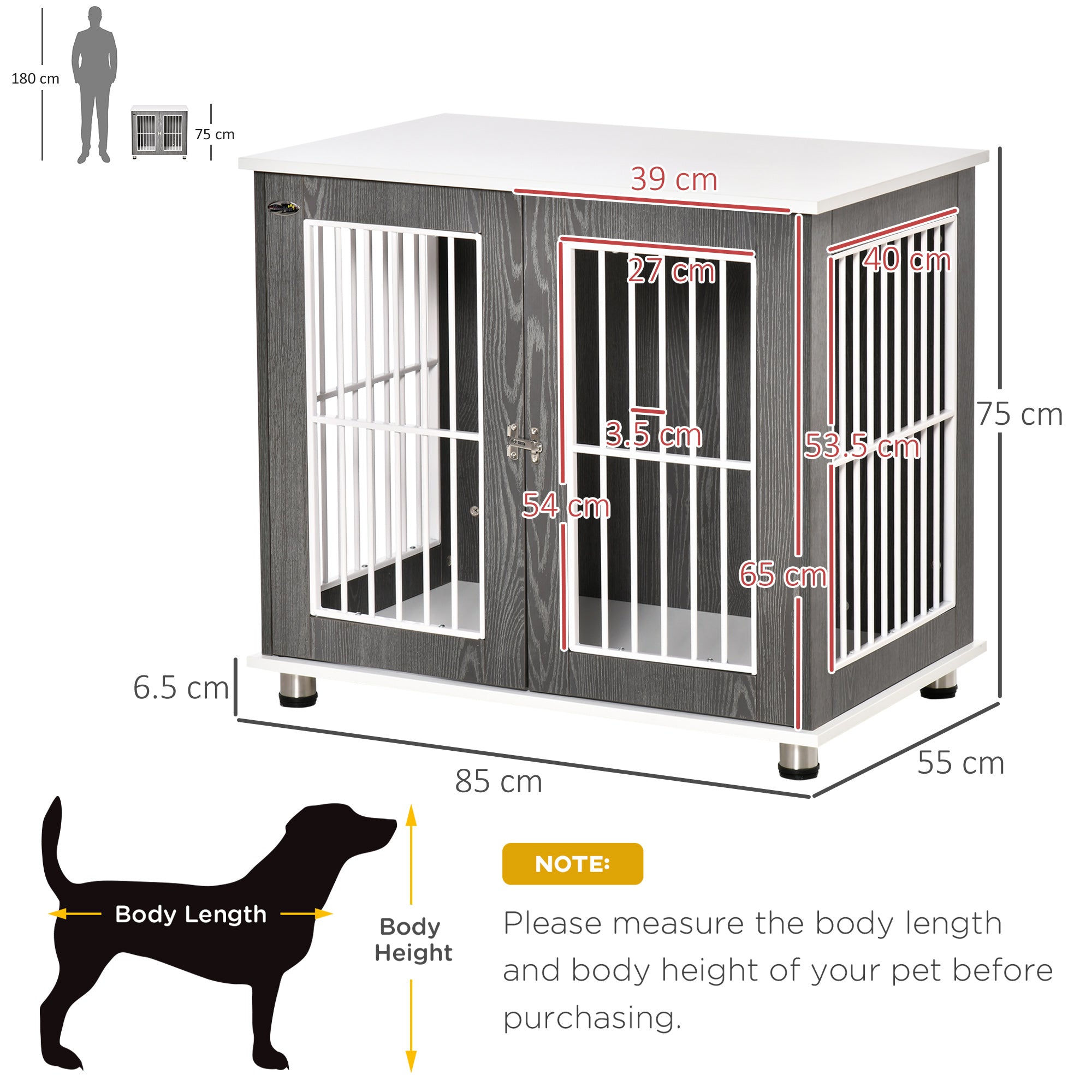 PawHut Dog Crate Wooden Pet Kennel Cage End Table w/ Lockable Door for Small Medium Dog Grey & White 85 x 55 x 75 cm - North Peak Garden Furniture