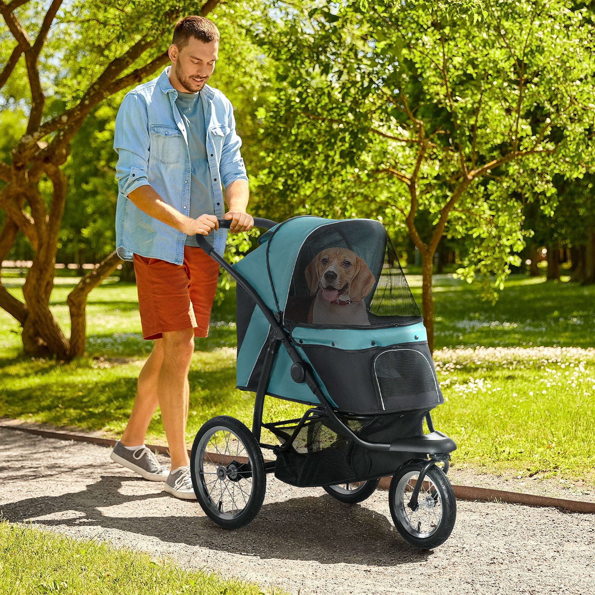 PawHut Foldable Pet Stroller Jogger, with Three Wheels, Canopy, for Medium and Small Dogs, Green - North Peak Garden Furniture