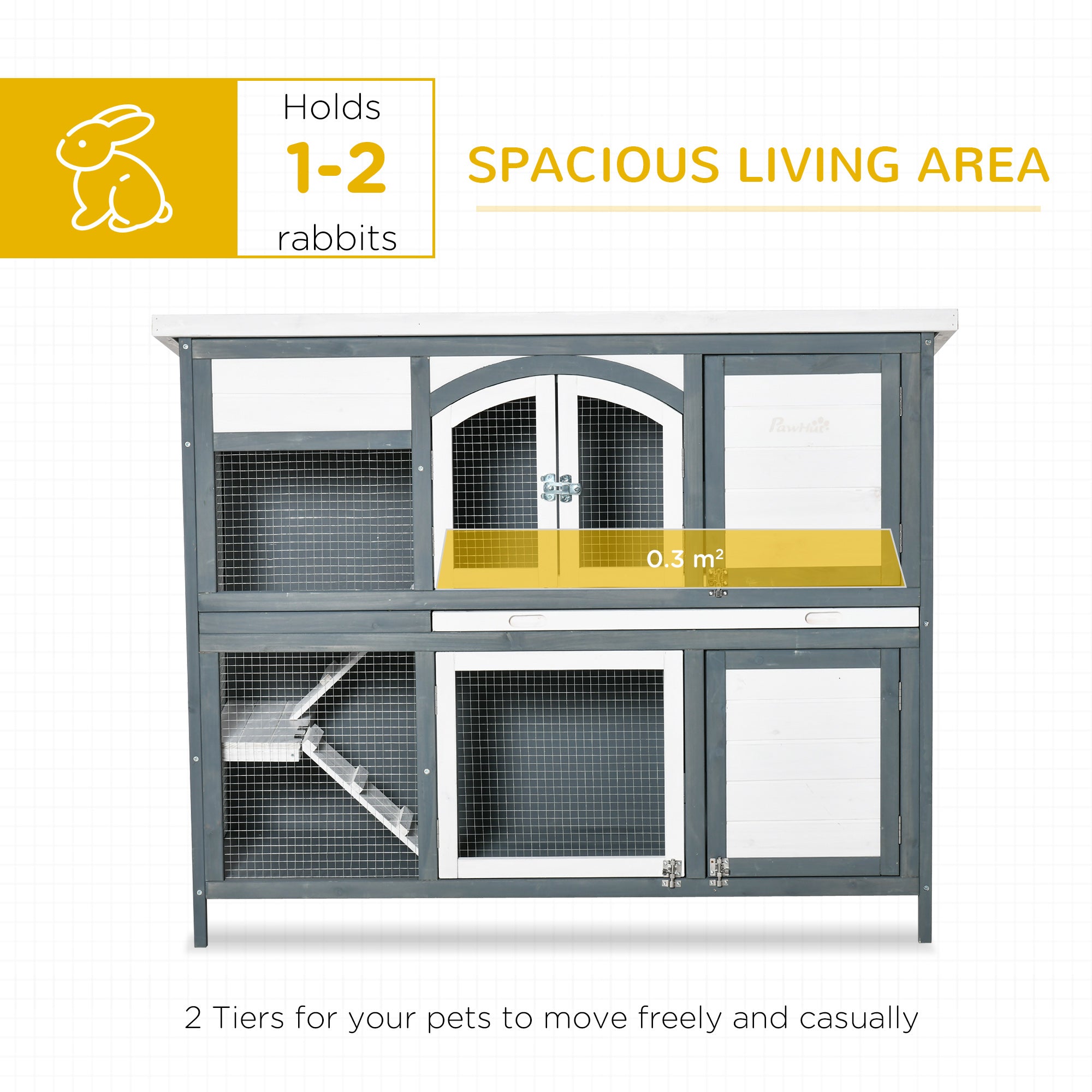 PawHut Rabbit Hutch Outdoor Guinea Pig Hutch 2 Tier Wooden Cage w/ Ramp, Divider, Openable Roof, 125 x 48 x 100cm - Grey - North Peak Garden Furniture
